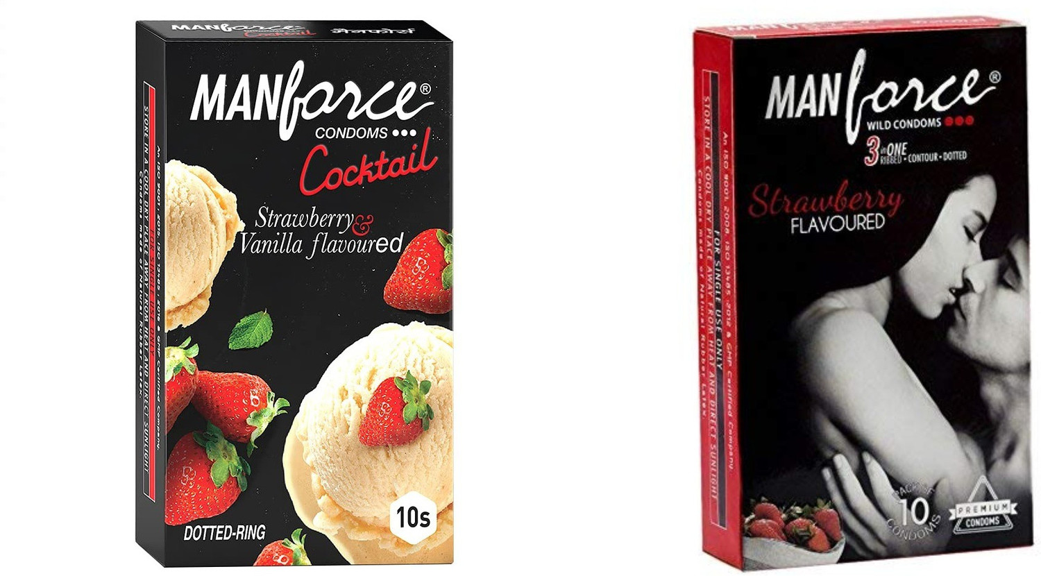 Image of MANFORCE Cocktail Condoms with Dotted-Rings, Strawberry & Vanilla Flavoured- 10 Pieces & 3 in 1 Wild Ribbed Contour Dotted Strawberry Flavor Condoms - 10 Pieces Condom (Set of 2, 20 Sheets)