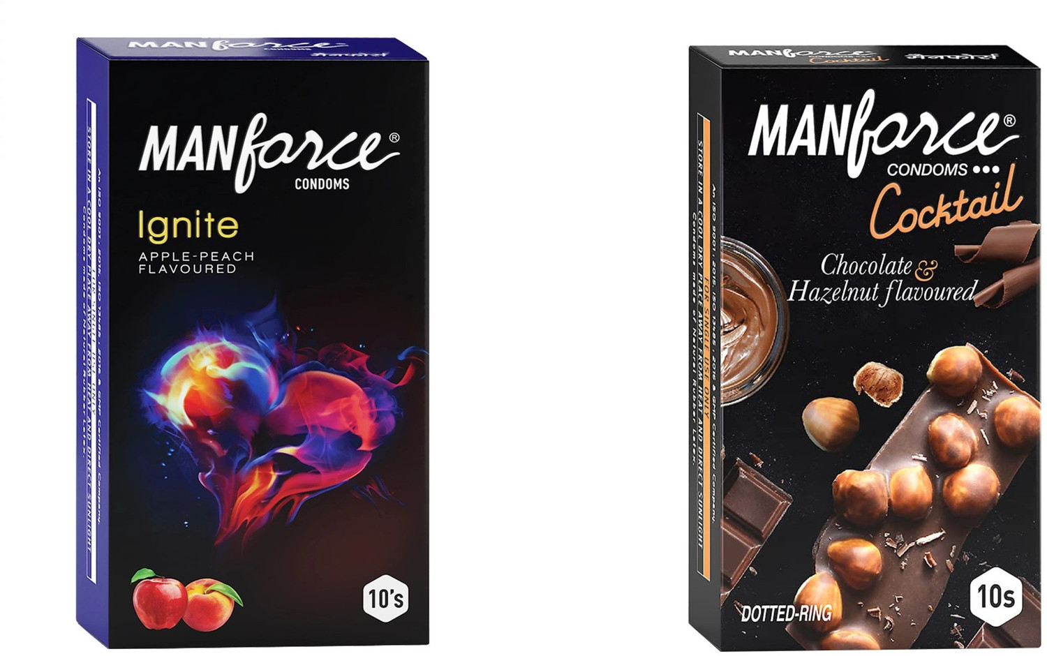 Image of MANFORCE Ignite Apple-peach Flavoured Extra Dotted Box Condoms - 10 Pieces & Cocktail Condoms with Dotted-Rings, Hazelnut & Chocolate Flavoured- 10 Pieces Condom (Set of 2, 20 Sheets)