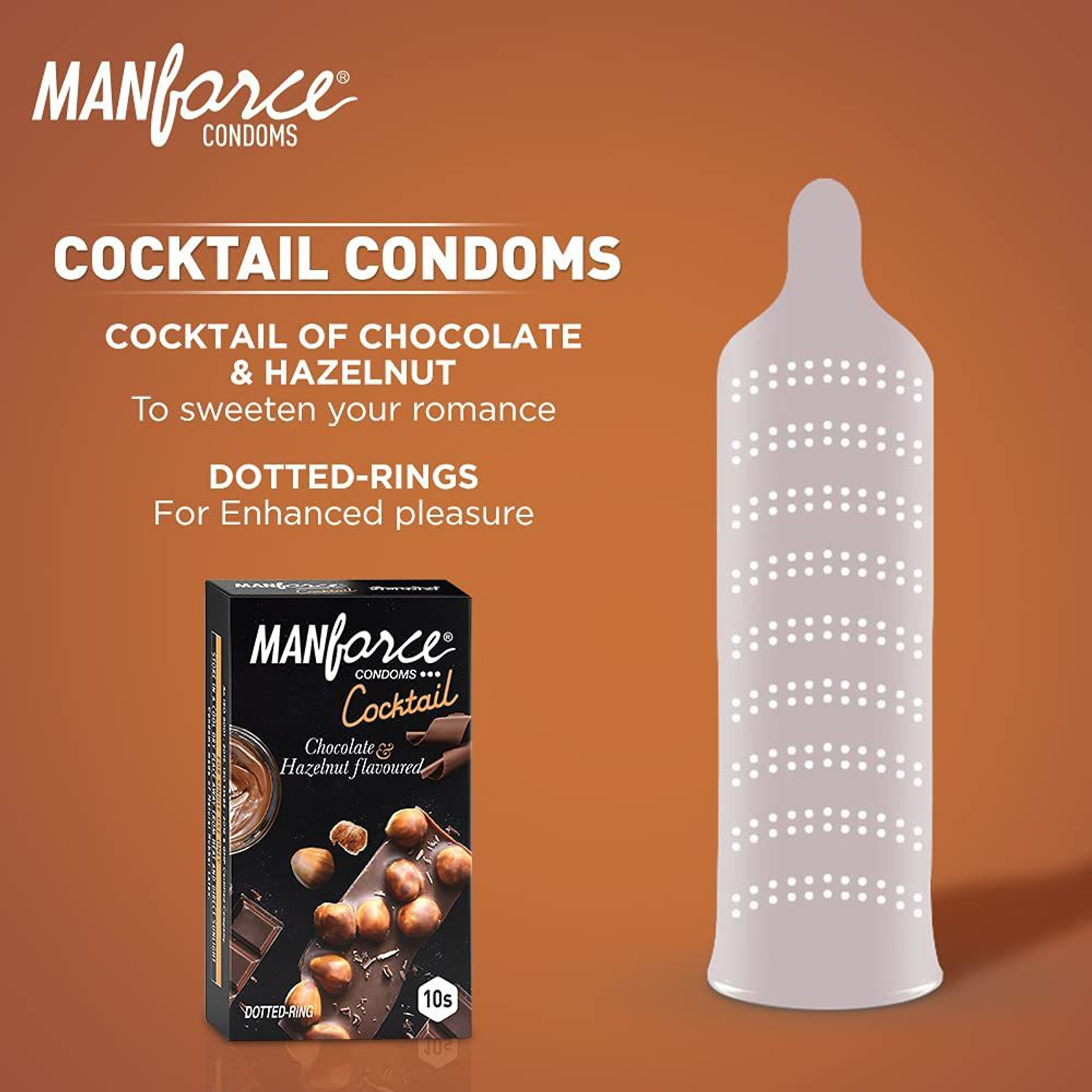 Image of MANFORCE Ignite Apple-peach Flavoured Extra Dotted Box Condoms - 10 Pieces & Cocktail Condoms with Dotted-Rings, Hazelnut & Chocolate Flavoured- 10 Pieces Condom (Set of 2, 20 Sheets)