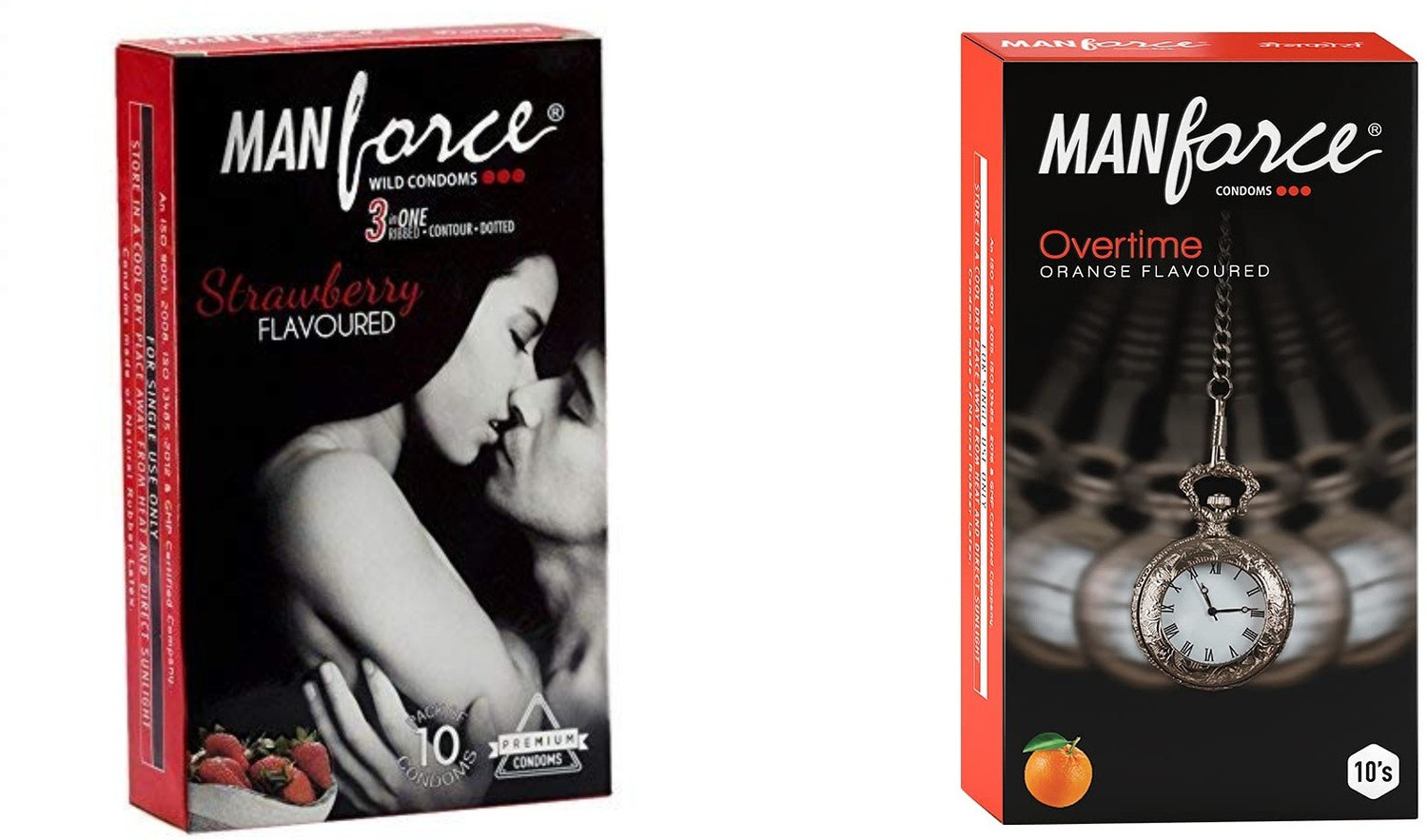 Image of MANFORCE 3 in 1 Wild Ribbed Contour Dotted Strawberry Flavor Condoms - 10 Pieces & 3 in 1 Condoms (Ribbed, Contour, Dotted), Overtime Orange Flavoured- 10 Pieces Condom (Set of 2, 20 Sheets)