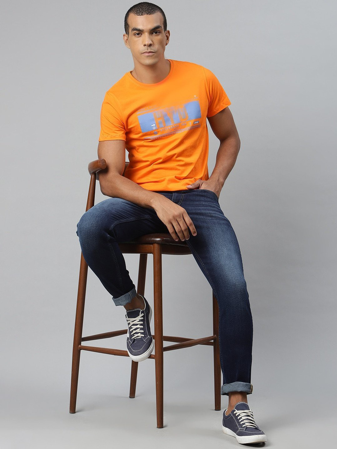Image of WROGN Printed Men Round Neck Orange T-Shirt