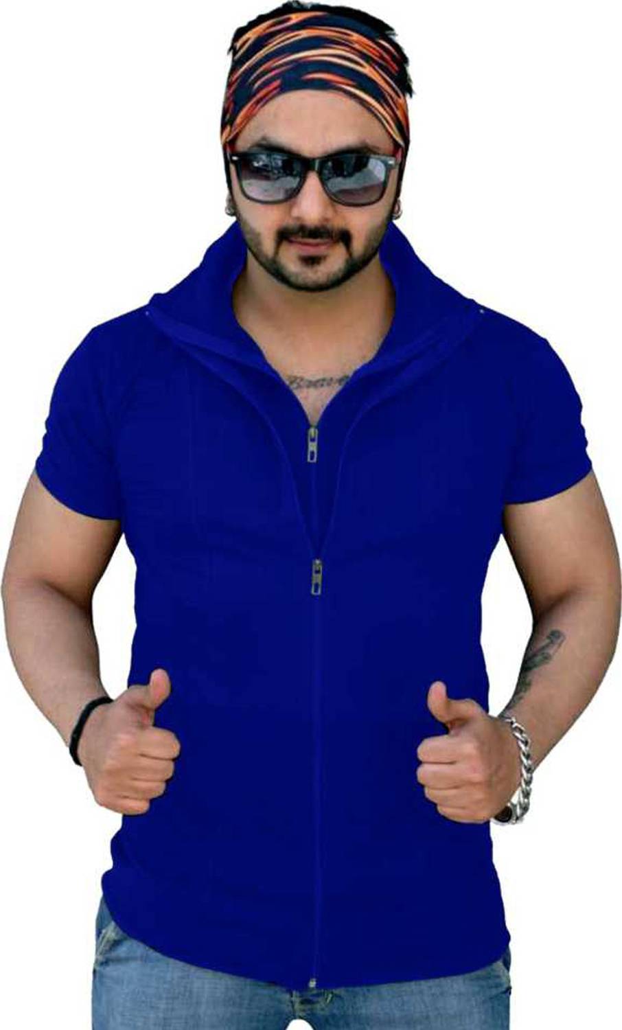 Adorbs Men Solid Polo Neck Cotton Blend Dark Blue T-Shirt