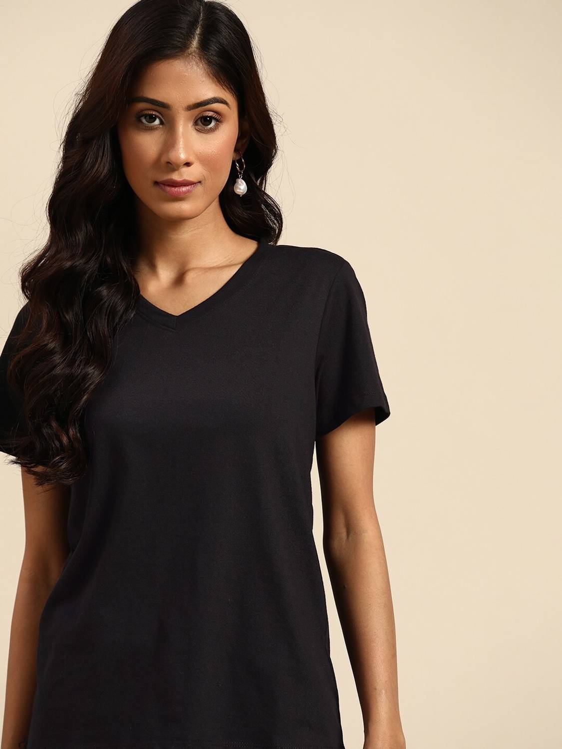 all about you Solid Women V Neck Black T-Shirt
