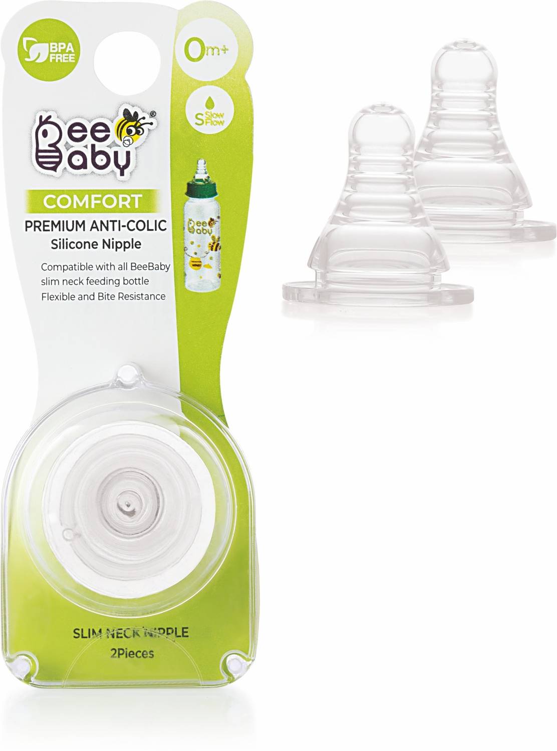 Beebaby Soft Peristaltic Silicone Nipple/Teats For Standard/ Slim Neck with Carry case. Slow Flow. Pack of 2. Slow Flow Nipple