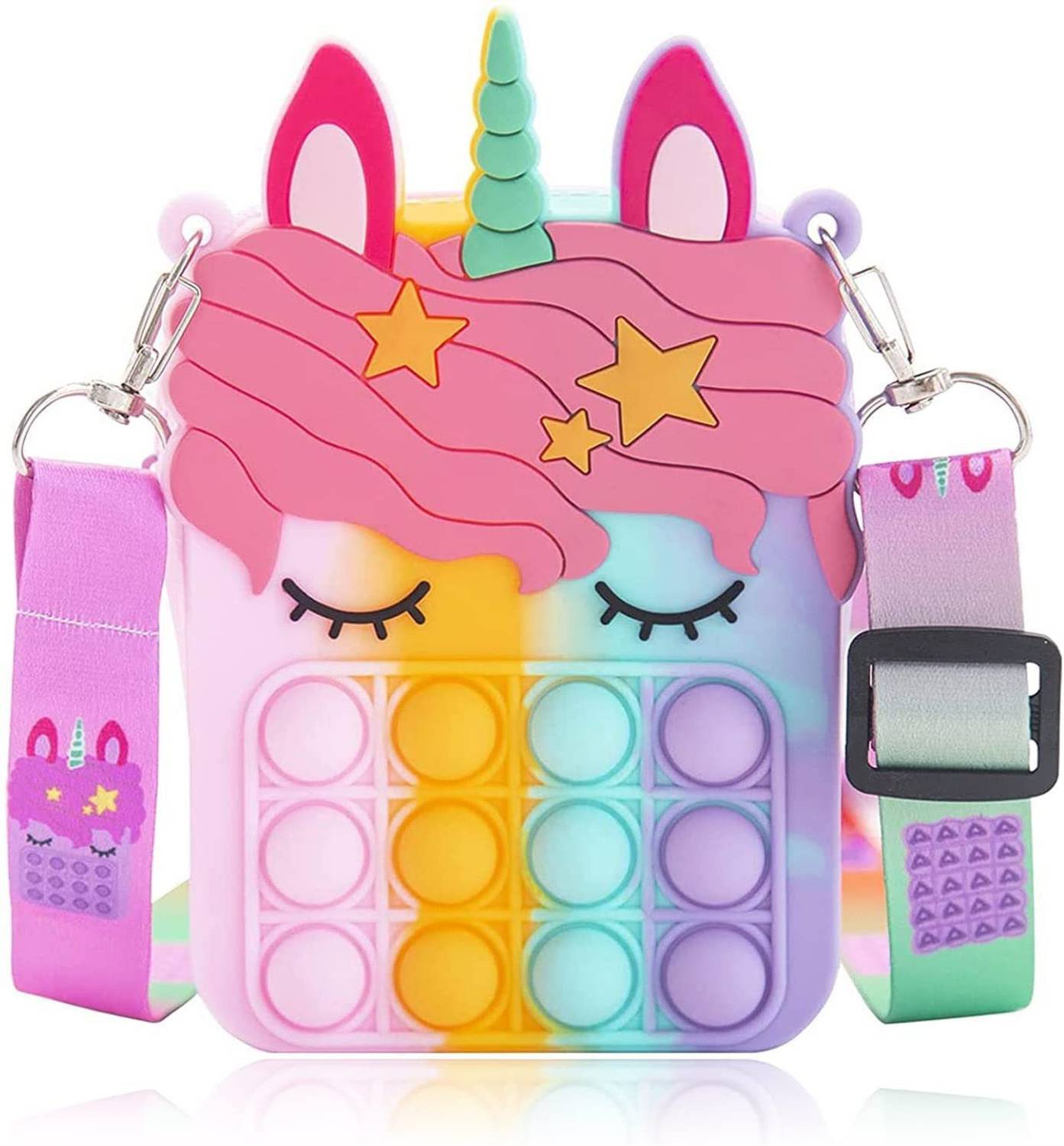 kiddoy Multicolor Sling Bag Pop It Bag Unicorn Shape Sling Bag Crossbody Bag for Kids, Pop It Bag for Girls, Pop It Fidget Toy Shoulder Bag, Fidget Purse for Kids Stress Relief Toys,