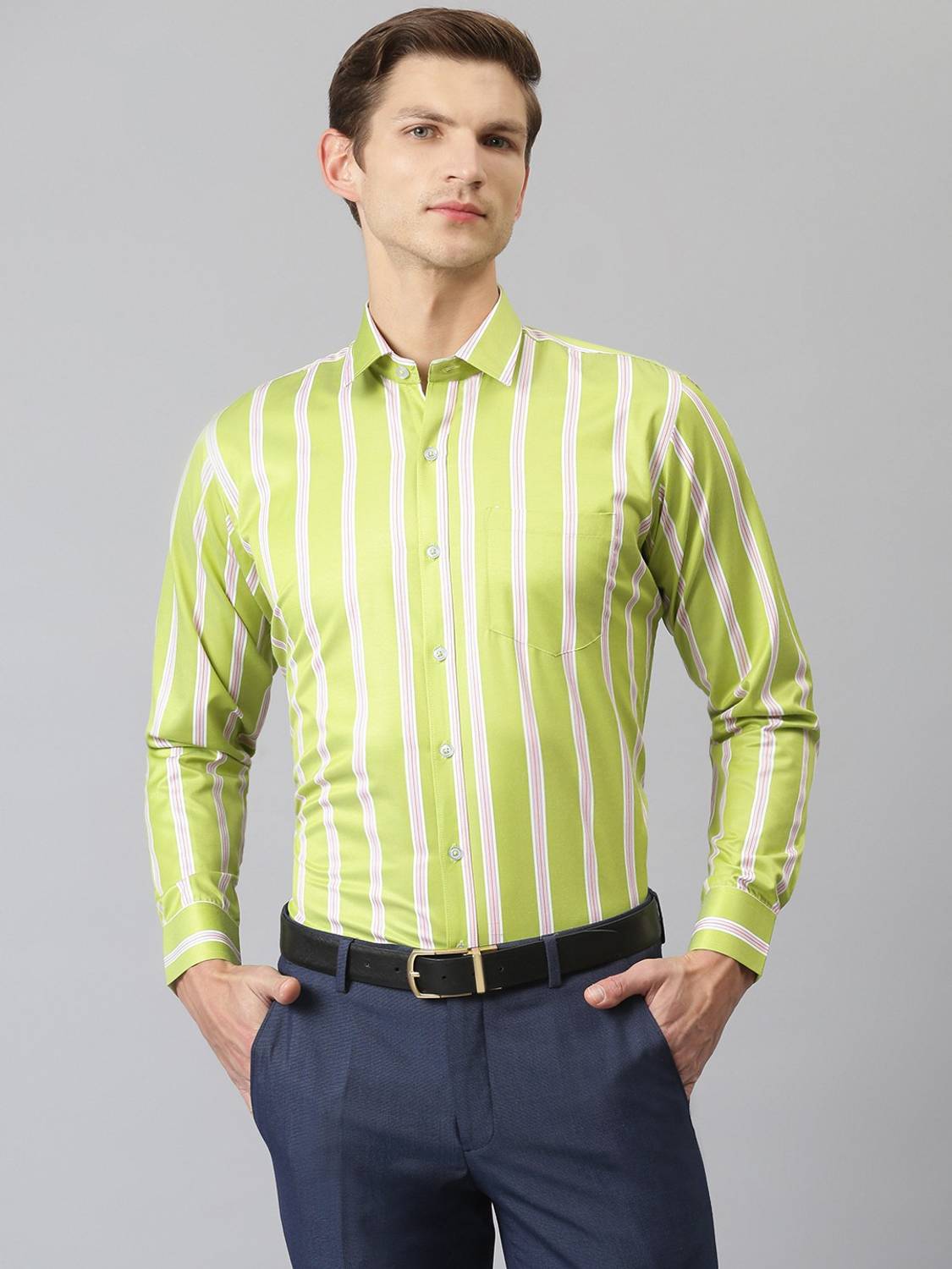 ACCOX Men Striped Formal Green, White Shirt