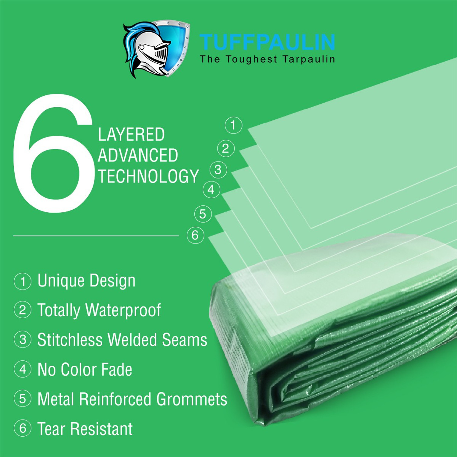 Image of TUFFPAULIN 6FT X 6FT 120 GSM Green Tarpaulin Tent - For Truck body, Car, Bike, Grain Covers, Pond Liners