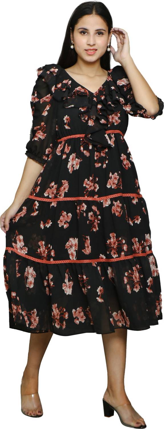CHARMGAL Women Fit and Flare Black Midi/Calf Length Dress