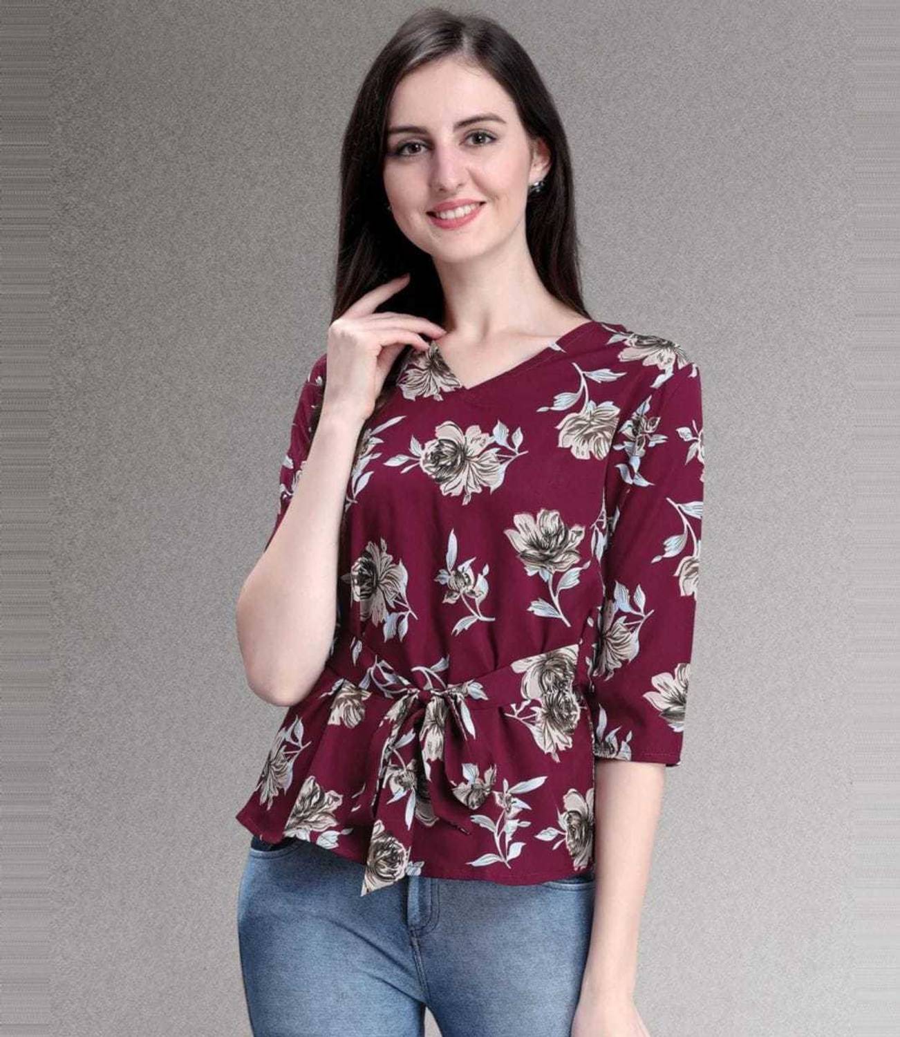 Aniyank Casual Floral Print, Printed Women Maroon Top