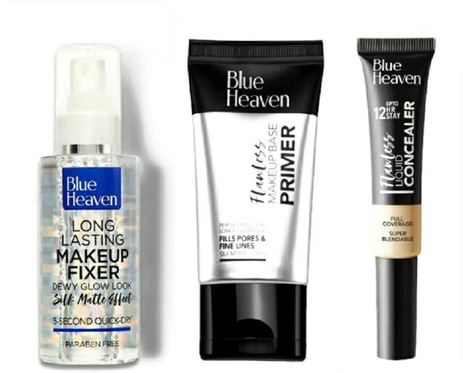Image of BLUE HEAVEN LONG LASTING MAKEUP FIXER (60ML) + FLAWLESS MAKEUP BASE PRIMER (16g) + FLAWLESS LIQUID CONCEALER SHADE VANILLA (17ML) PACK 0F 3