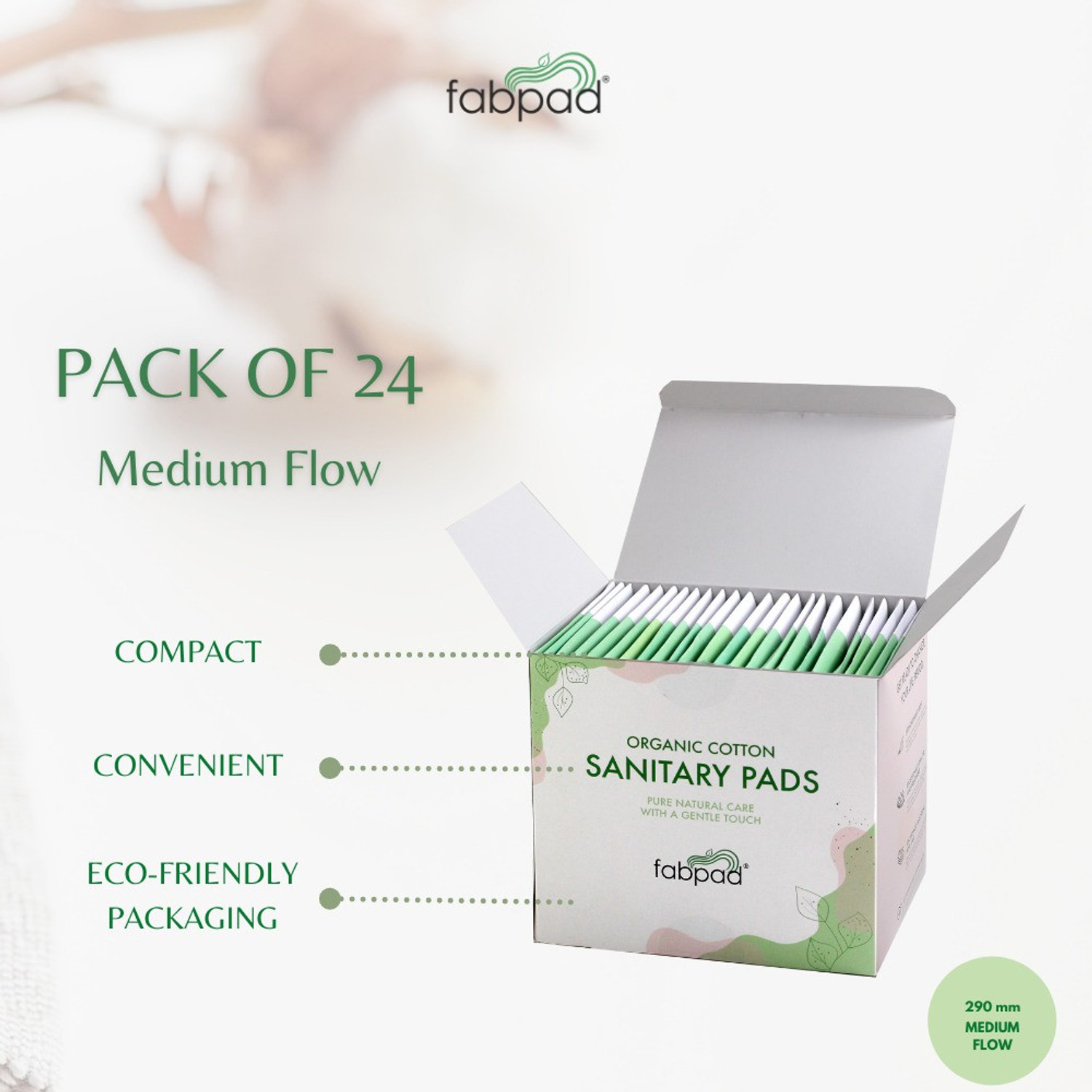Image of FabPad Organic Cotton Ultra Thin Rash Free Biodegradable Eco-Friendly Sanitary Pads Period Napkins with Disposable Cover (Medium Flow, Pack of 24) Sanitary Pad
