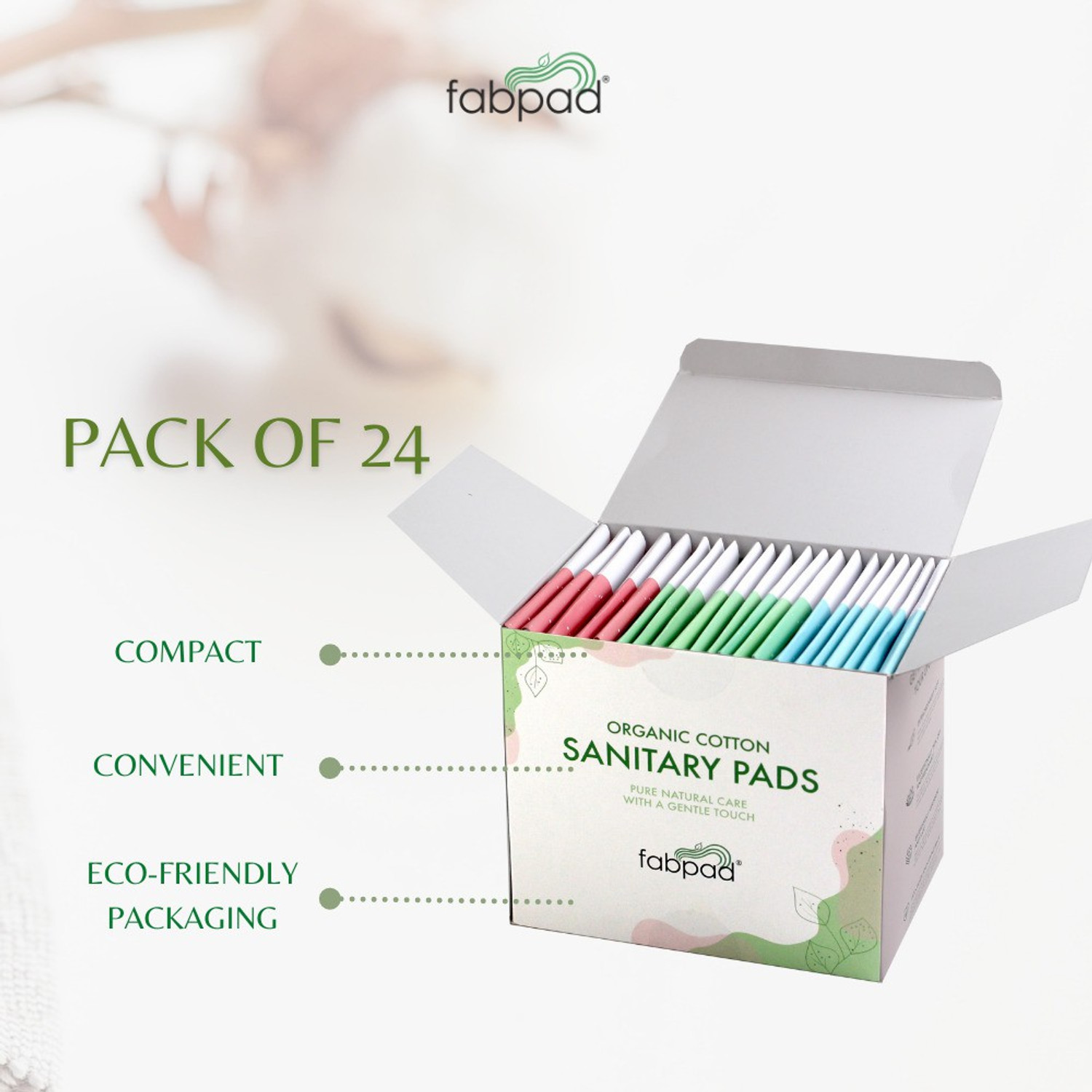 Image of FabPad Organic Cotton Ultra Thin Rash Free Biodegradable Eco-Friendly Sanitary Pads Period Napkins with Disposable Cover - (Assorted Size, Pack of 24) Sanitary Pad