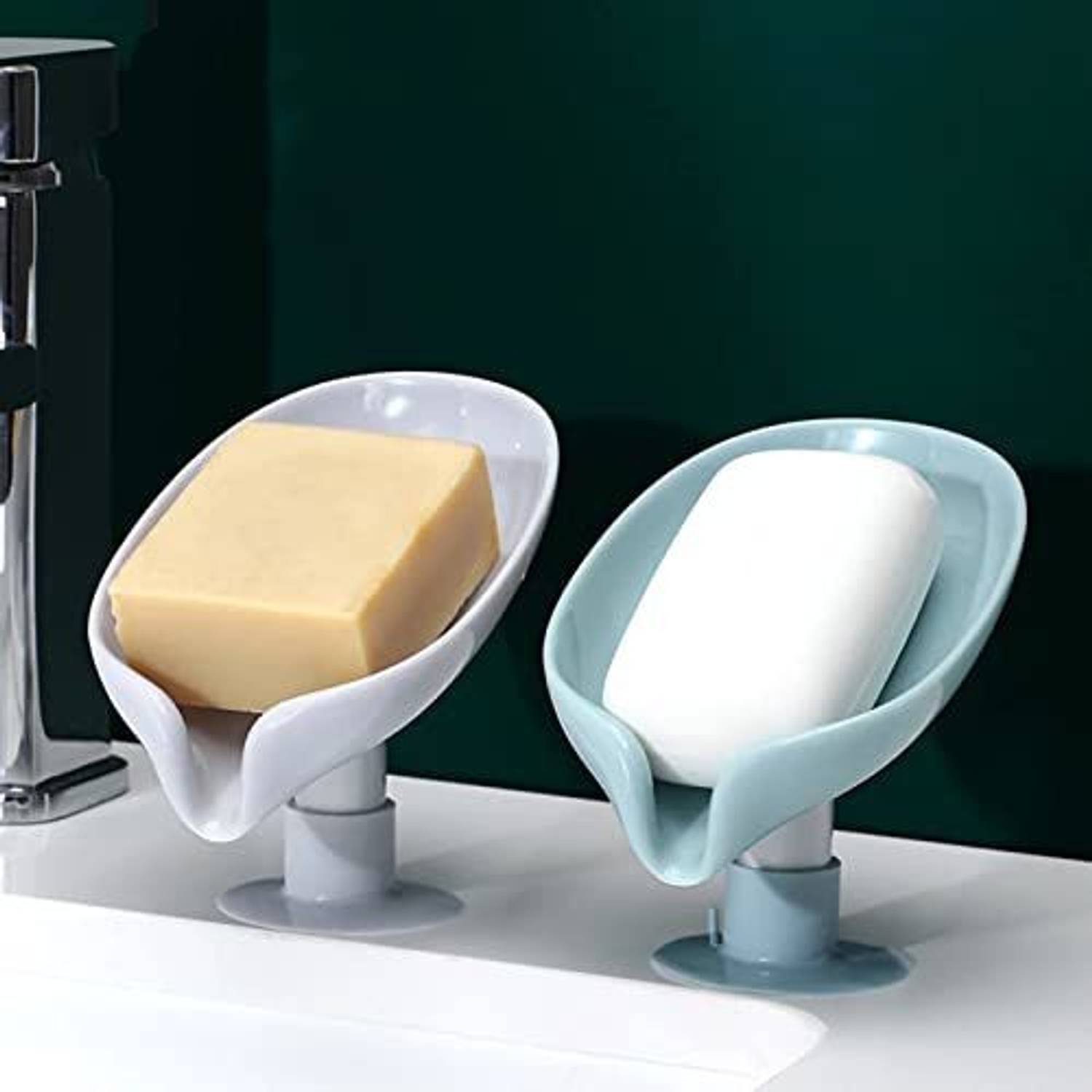 BOVZOX Soap Holder Leaf-Shape Self Draining Soap Dish Holder, Not Punched Easy Clean Bar Soap Holder, with Suction Cup Soap Dish Suitable for Shower, Bathroom, Kitchen Sink