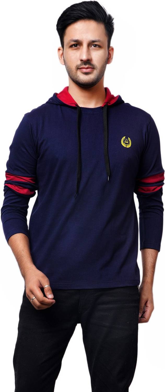 A&K collections Solid Men Hooded Neck Navy Blue T-Shirt