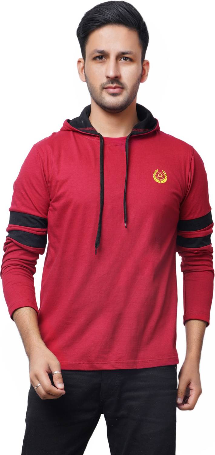 A&K collections Solid Men Hooded Neck Maroon T-Shirt