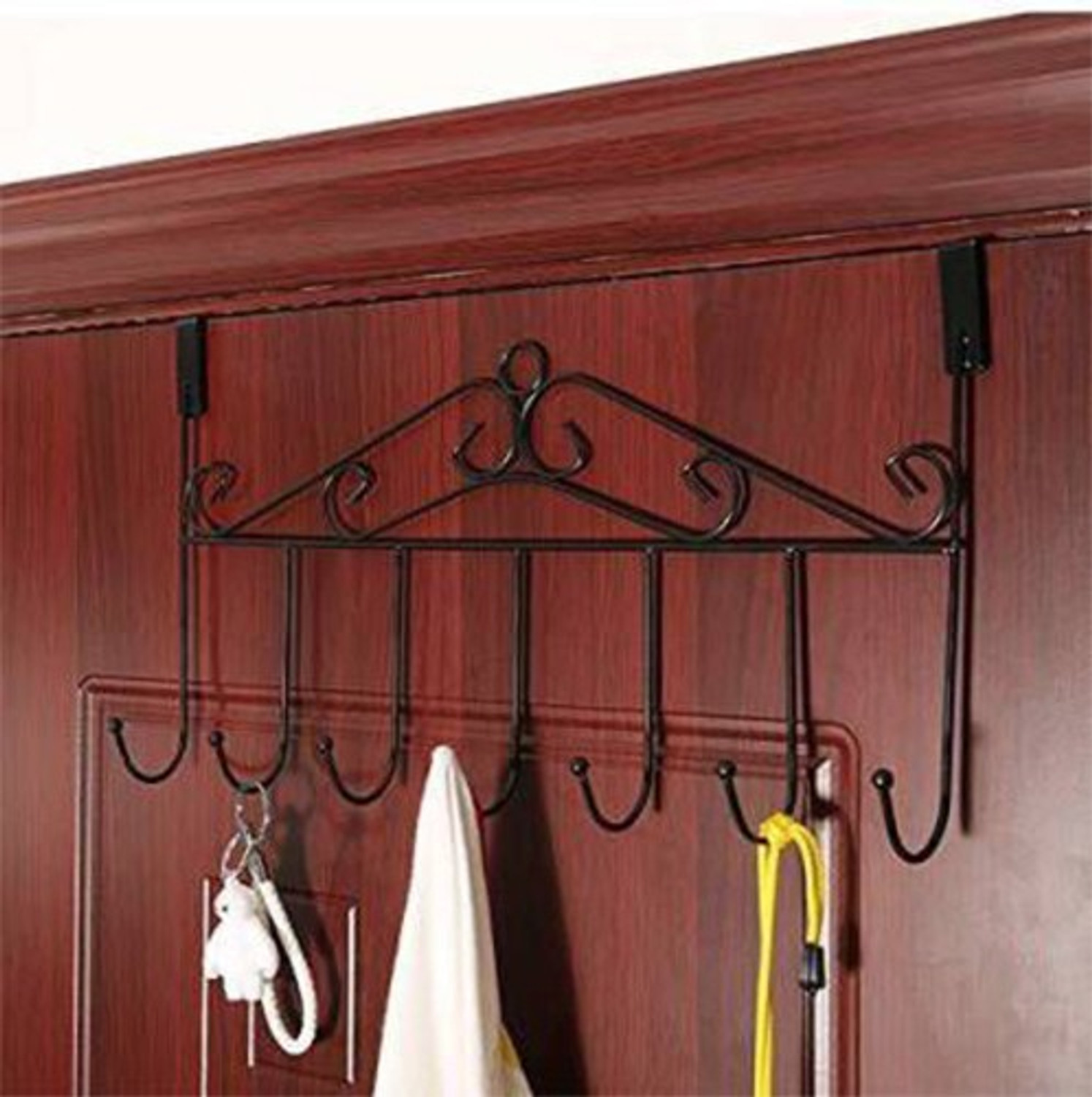 Image of Navya Enterprise Over The Door Hanger with 7 Hooks for Clothes Purses Towel Scarf Belt Hat etc. Metal Hanging Rack Organizer NO Hole Drilling Require Door Hanger
