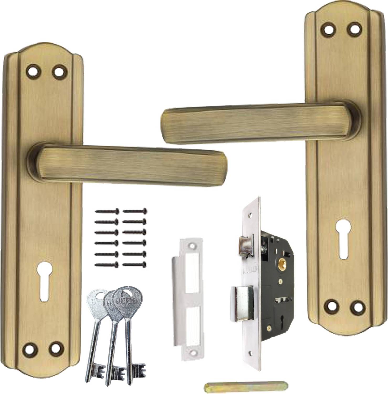 BUCKLER Iron-Brass-Steel Gold Antique 7" Mortise Handle-65MM Double Turn, 3 Keys-305 Lock