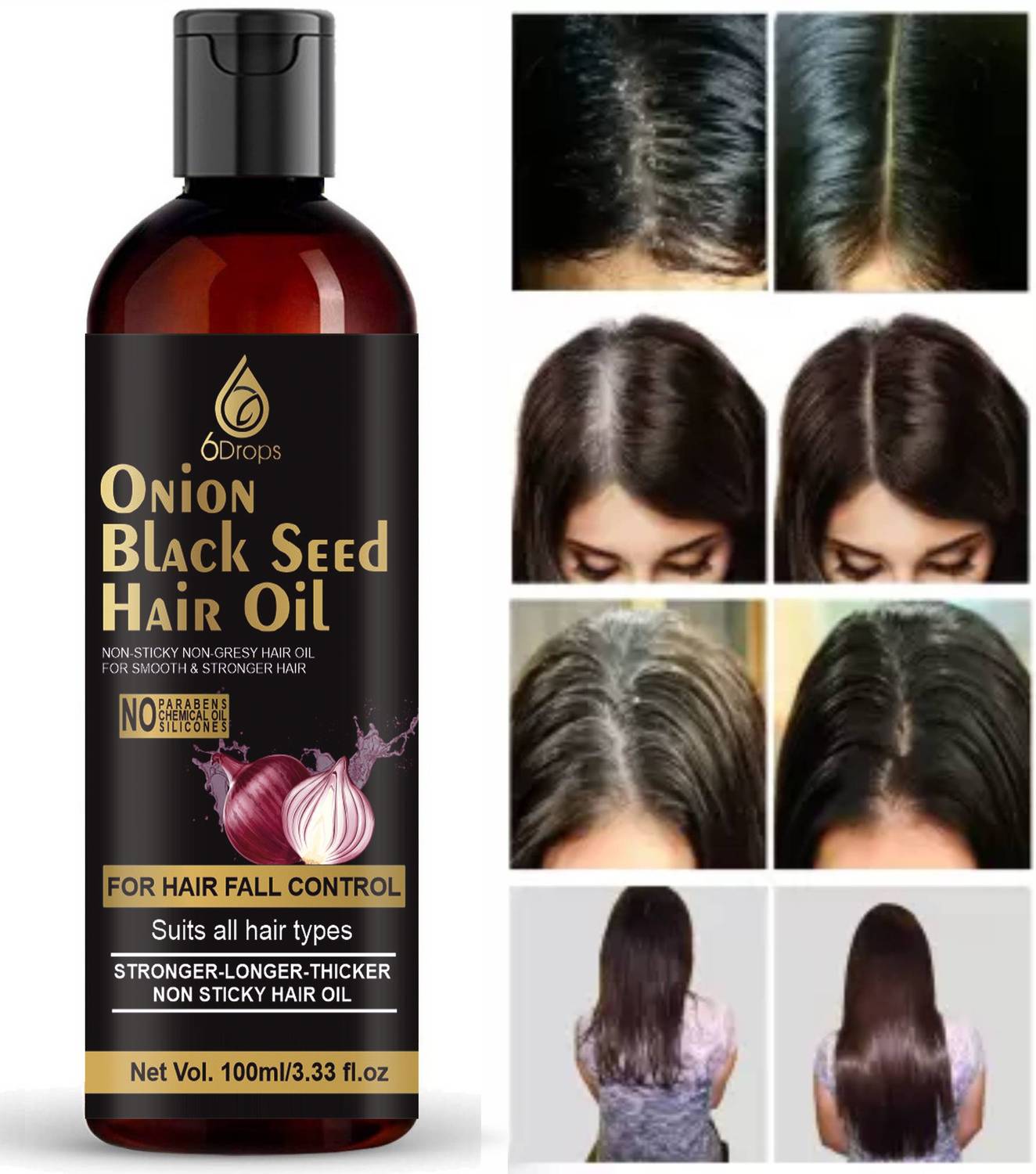 6Drops Onion Black Seed Hair Oil -- Controls Hair Fall -Silicones, Cooking Oil Hair Oil