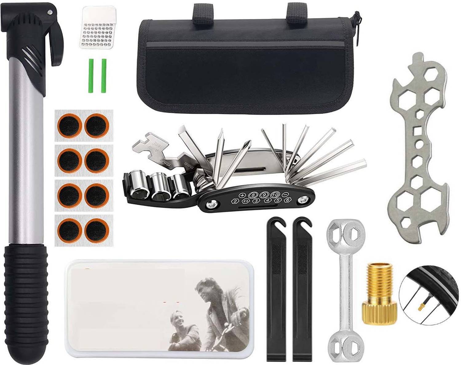 2fortheroad 30032 Bicycle Cycle Tyre Repair Kit with Multi Tool and Air Pressure Pump Cycling Puncture and tool kit