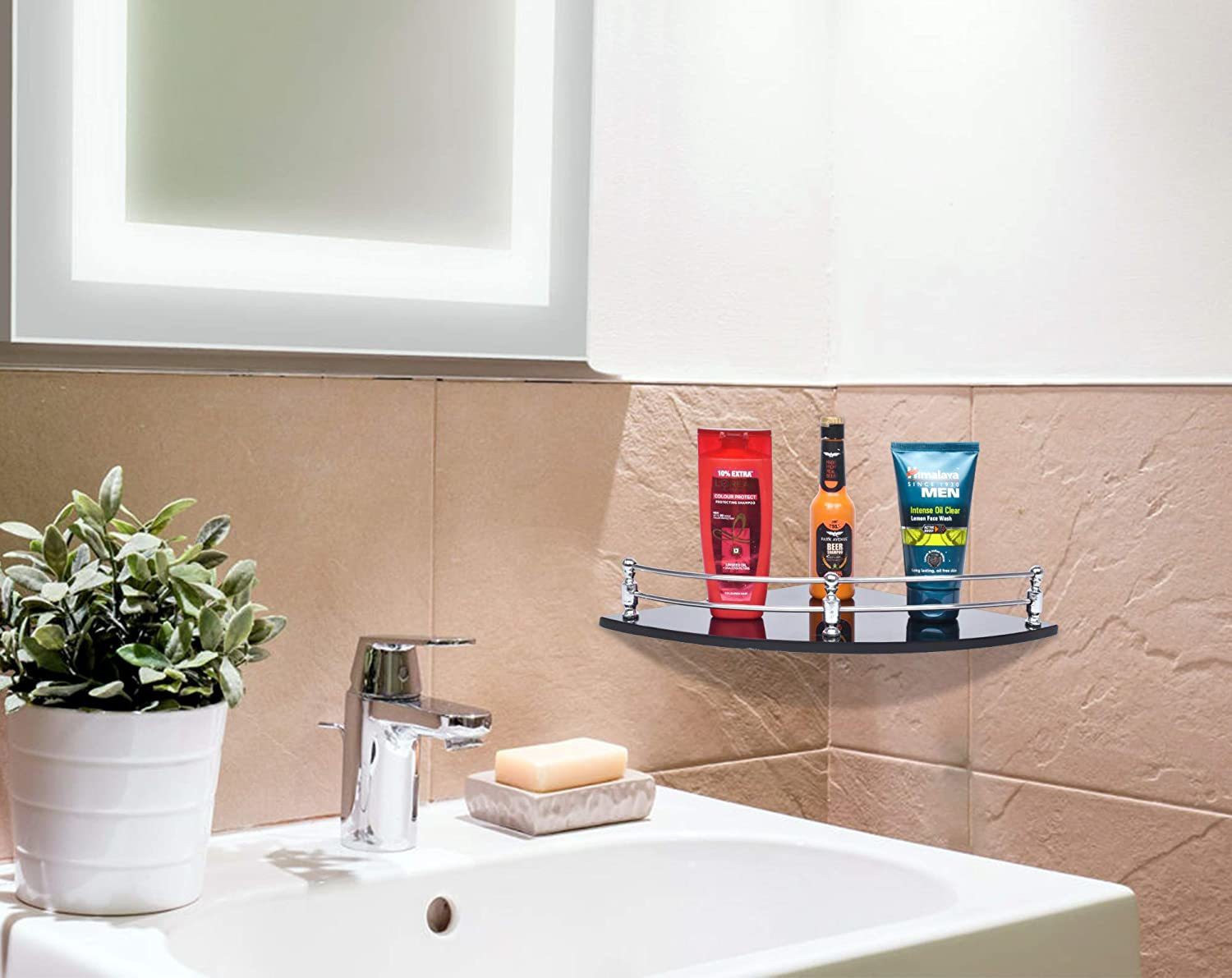 Image of CHEAPER SHOP Glass Corner Shelf Bathroom Shelf and Kitchen Shelf Bathroom Accessories Glass Wall Shelf