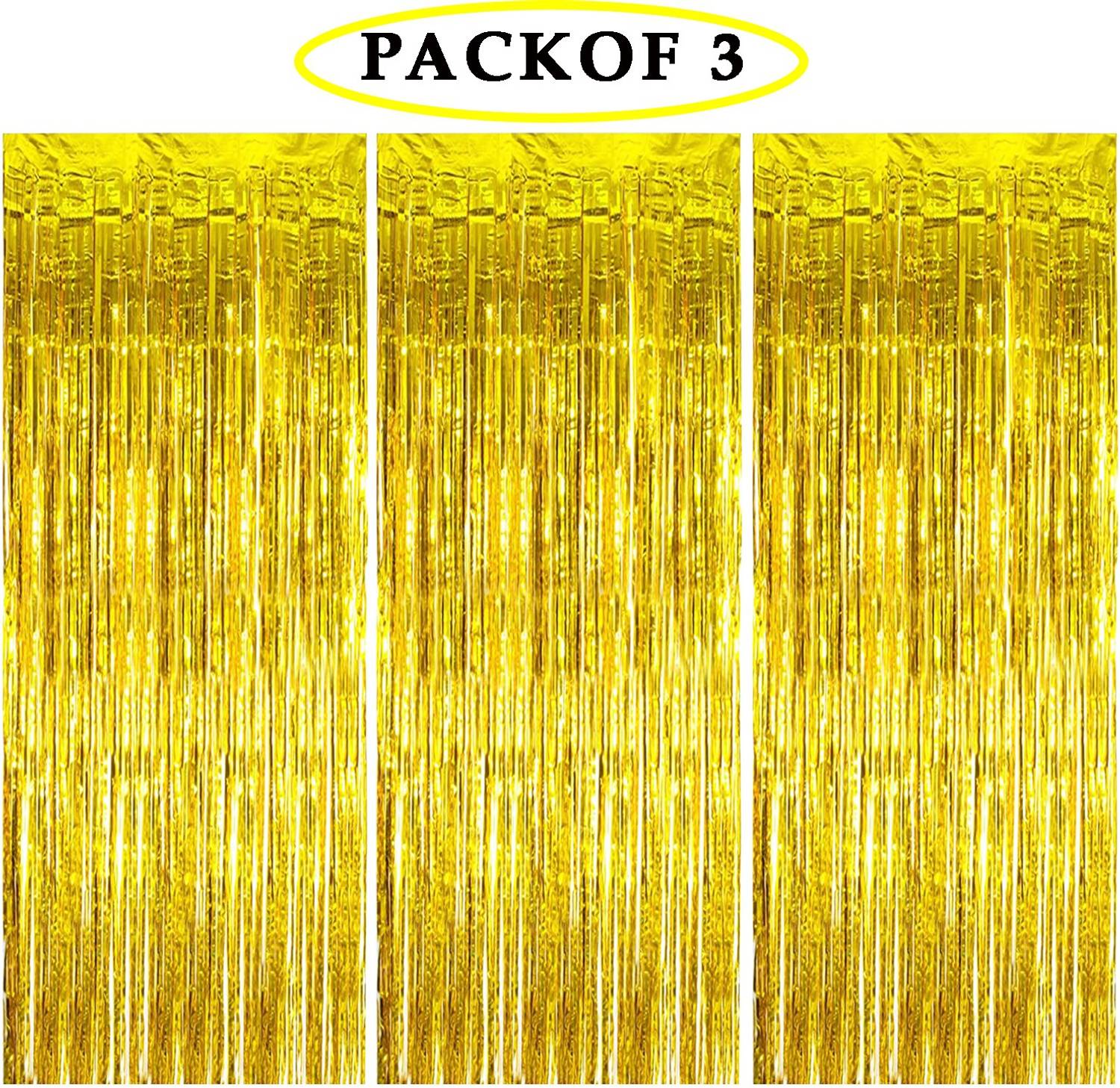 AMFIN (Pack of 3) Golden Metallic Fringe Foil Decoration Curtain, Golden Foil Tinsel Foil Fringe Curtains for Decorations, Curtain for Birthday, Baby Shower Decor, Golden Curtain for Decoration - Golden
