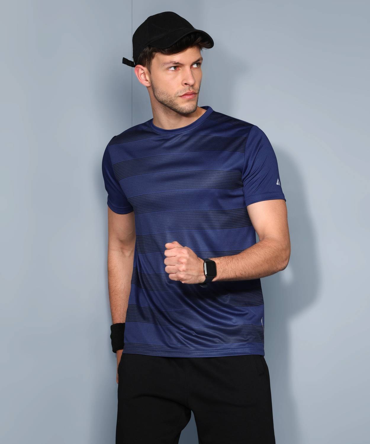 Adrenex Striped Men Round Neck Blue T-Shirt
