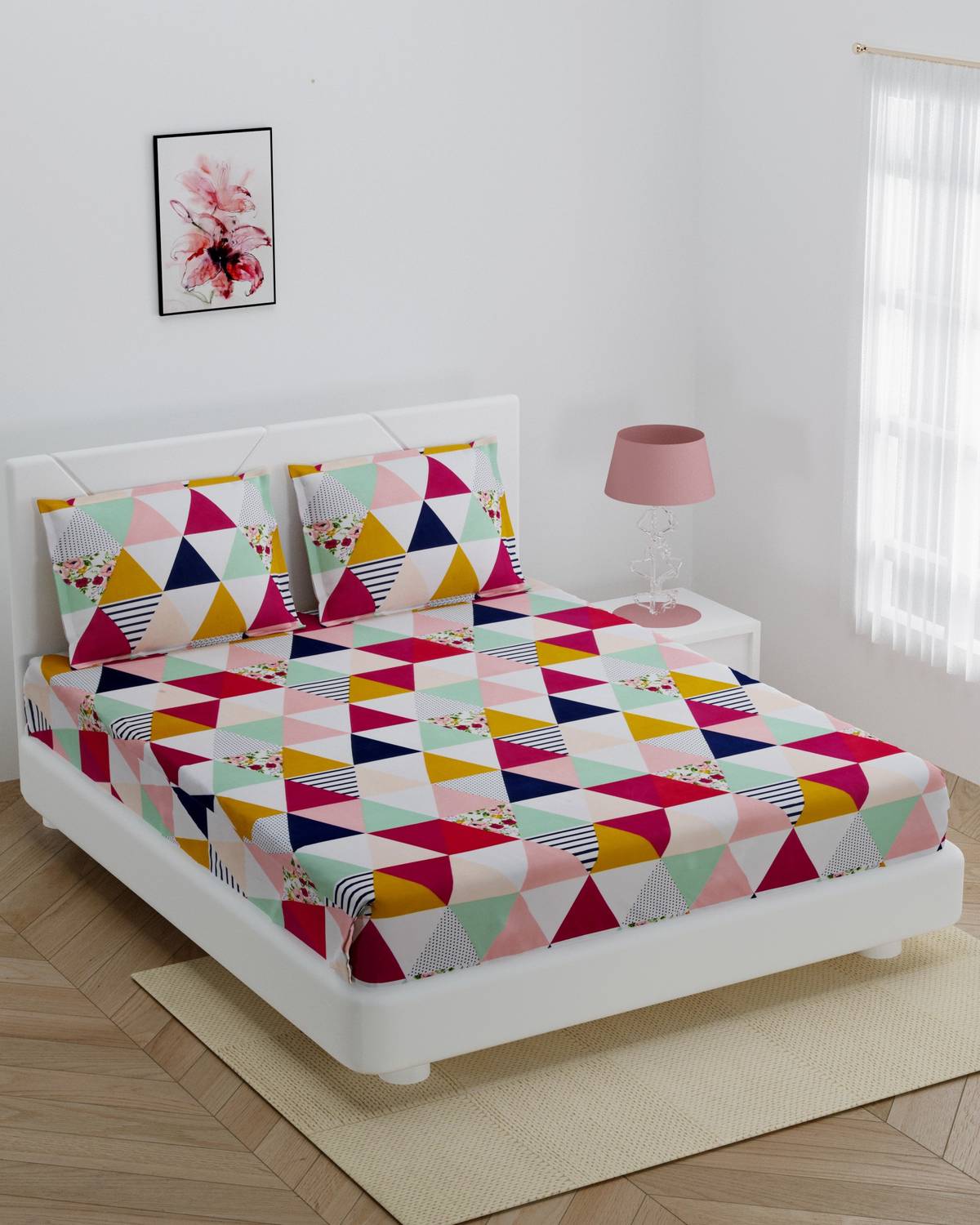 AarnaTrendz Microfiber King Fitted (Elastic) 210 TC Geometric 1 Bedsheet with 2 Pillow Covers