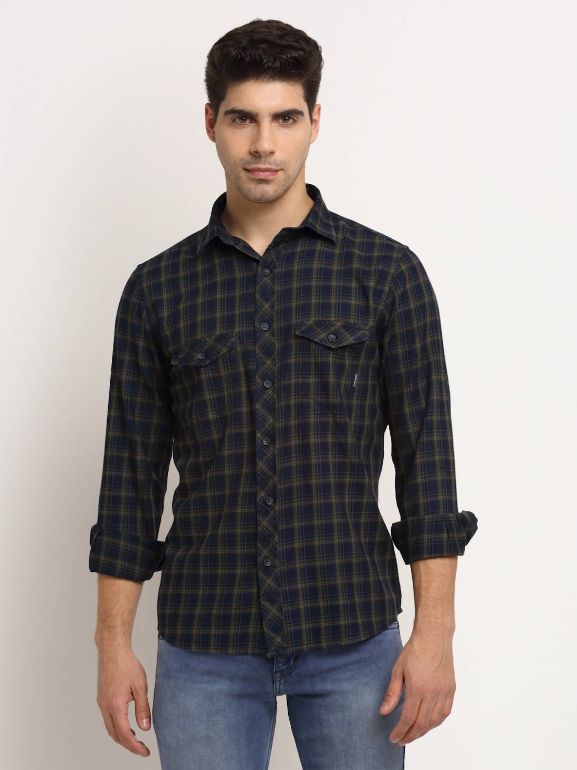 CANTABIL Men Checkered Casual Dark Green Shirt