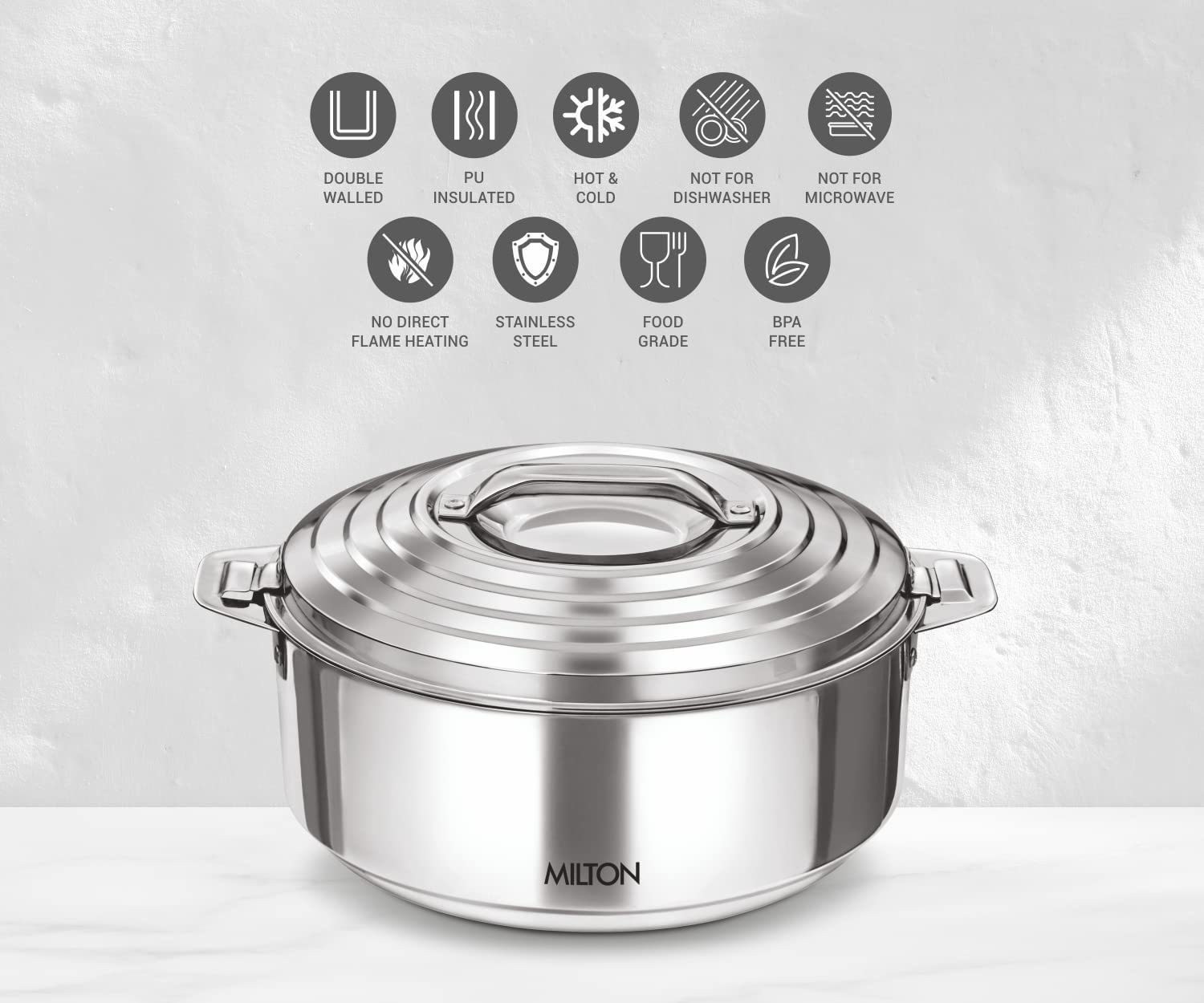 Image of MILTON Galaxia Stainless Steel Casserole, 1.5 litres, Silver Serve Casserole