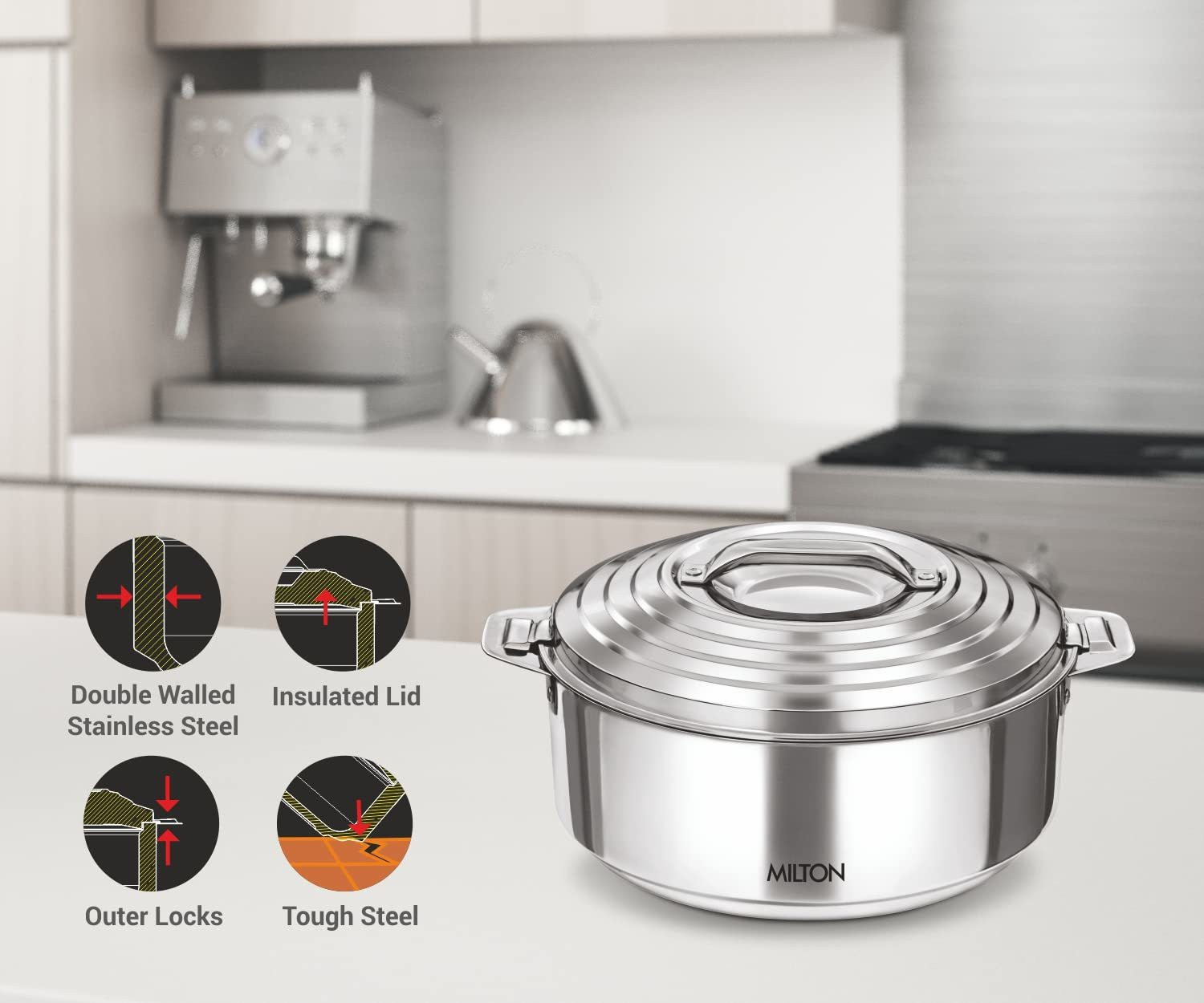Image of MILTON Galaxia Stainless Steel Casserole, 1.5 litres, Silver Serve Casserole