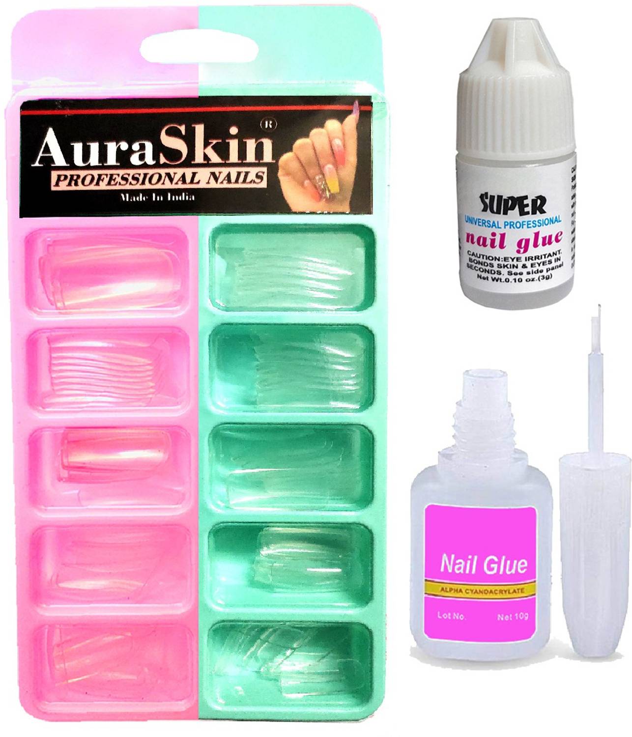 AuraSkin Imported Best Quality Acrylics Professional Shinning Transparent Color 100 Tips Artificial / Fake Nails with strong 10ml Brush Glue and 6ml Glue Transparent
