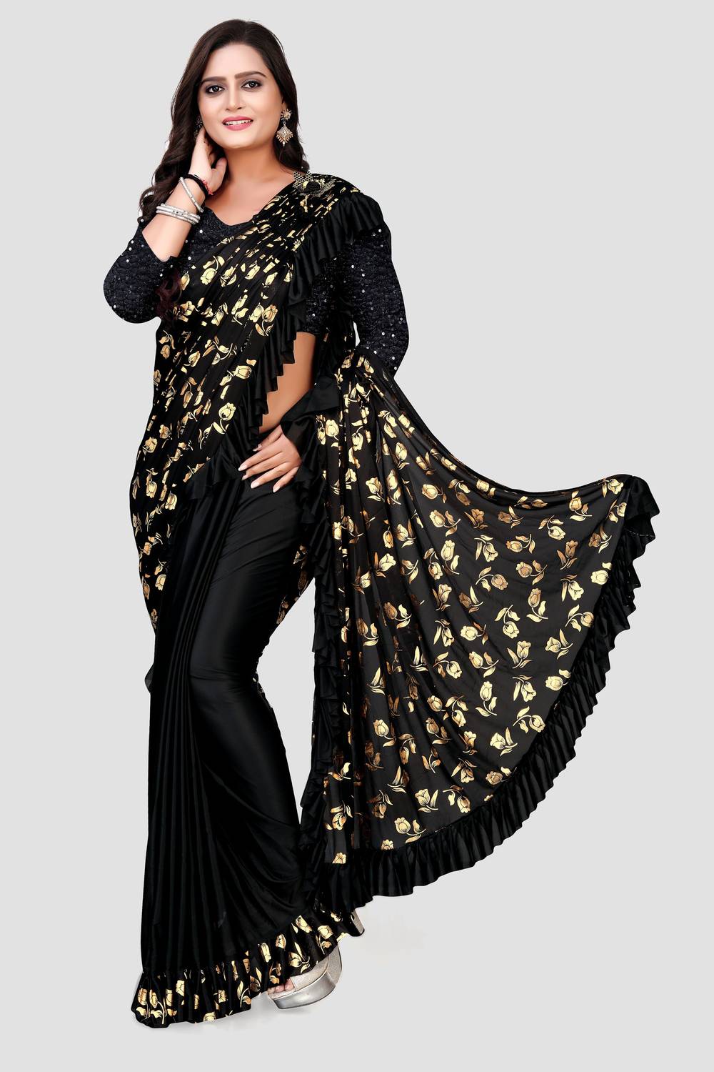 3Buddy Fashion Floral Print Bollywood Lycra Blend Saree