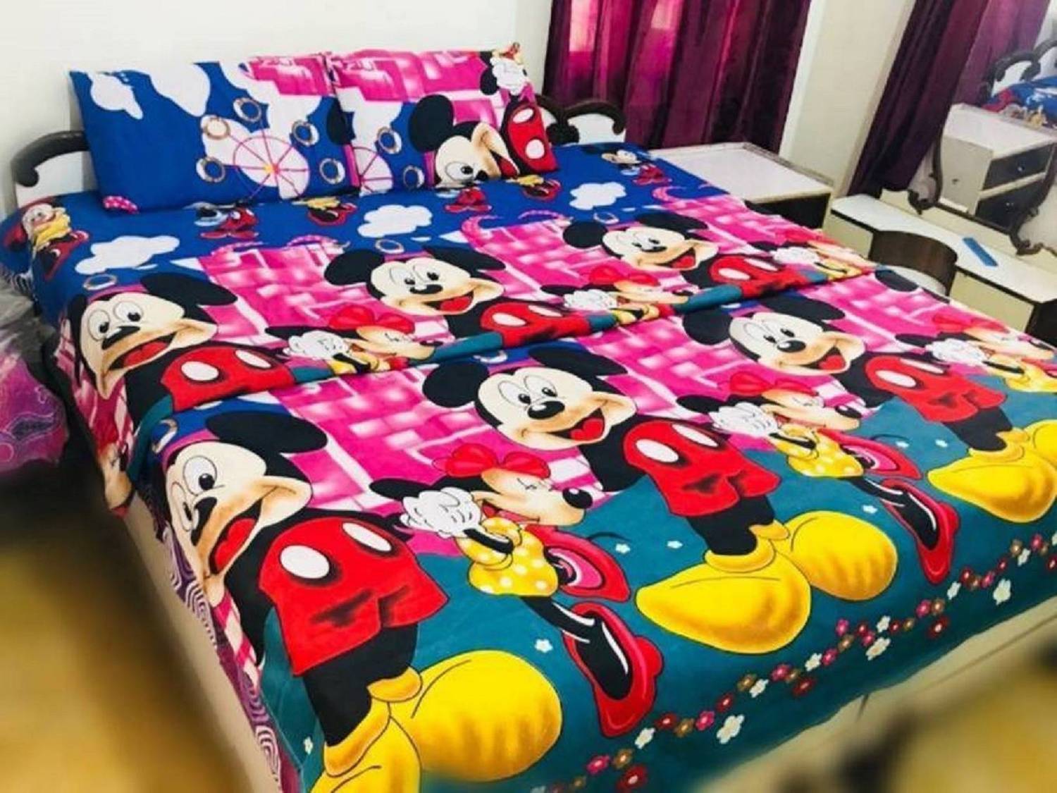 AJM Microfiber Queen Flat 140 TC Cartoon 1 Bedsheet with 2 Pillow