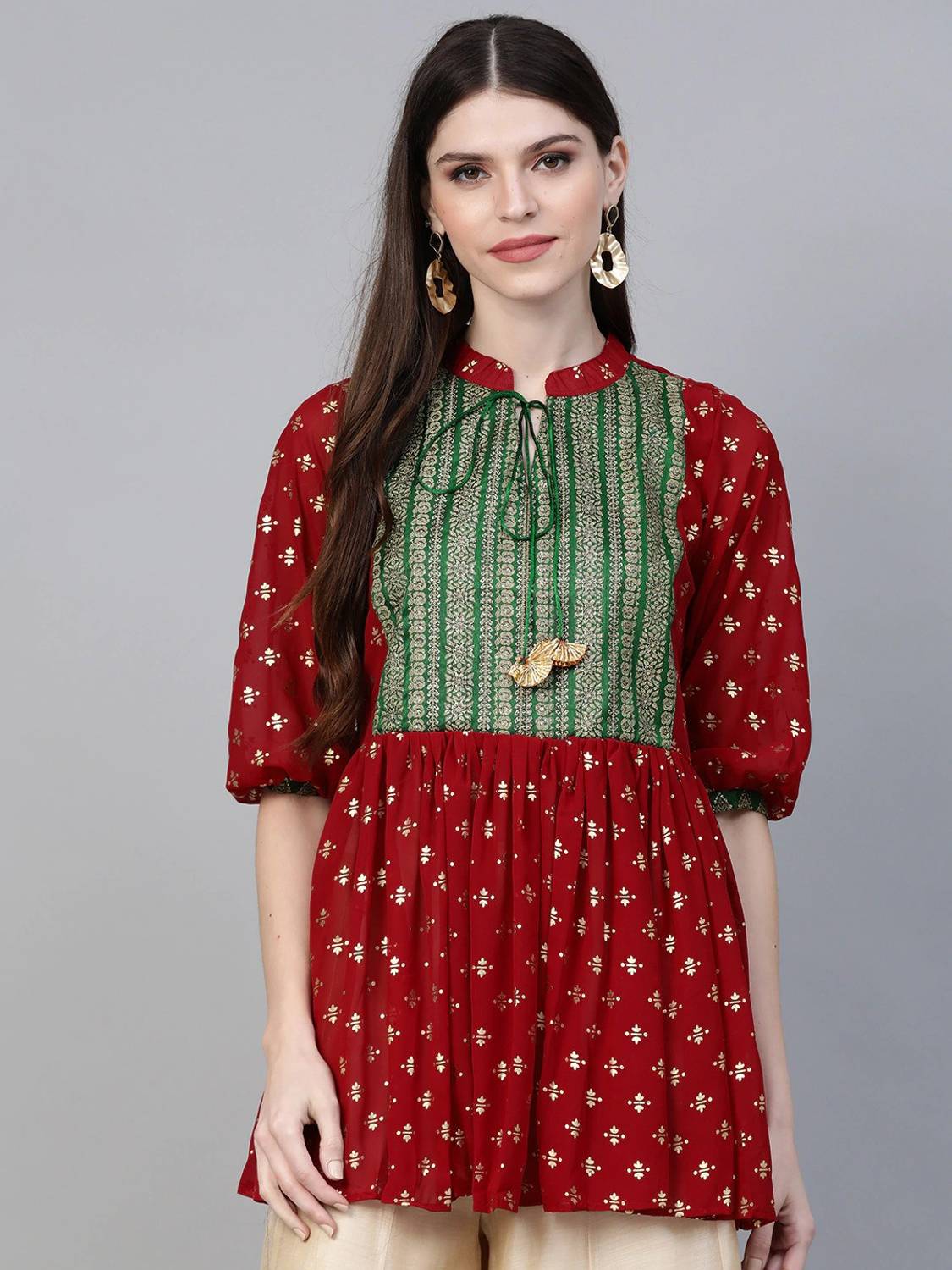 Ahalyaa Casual Floral Print Women Gold, Maroon Top