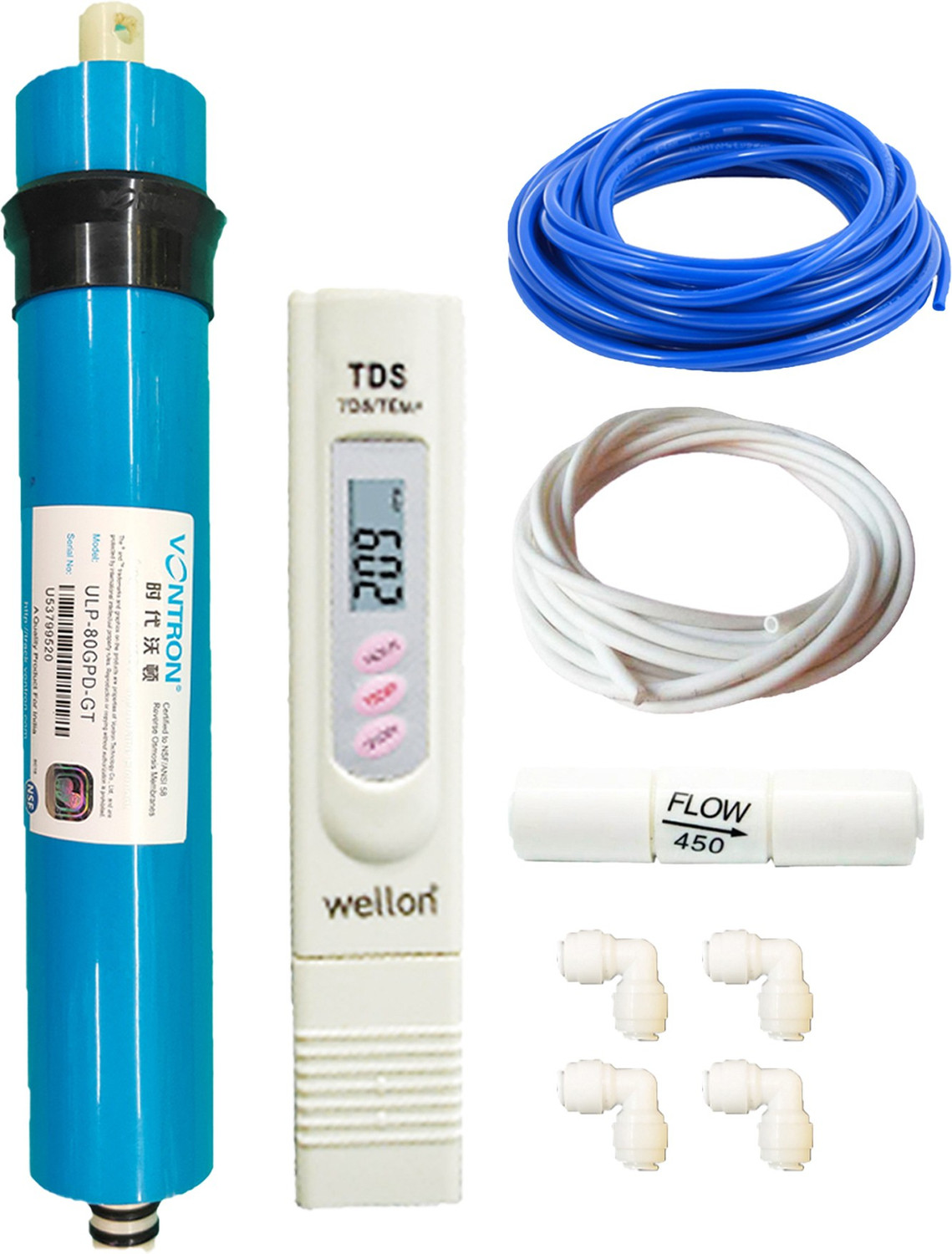 Image of AQUA PRODUCT Complete RO service kit (Sediment Filter,Carbon Filter,High TDS membrane,FR,Elbow connectors) with additional TDS meter suitable for all kind of Domestic RO water purifier Solid Filter Cartridge ( RO Service kit of membrane & filter for all types of ro models)(1 Year Full service kit)( Service Kit With 02 Inline)(replacement ro kit)( ro water filter kit) Solid Filter Cartridge