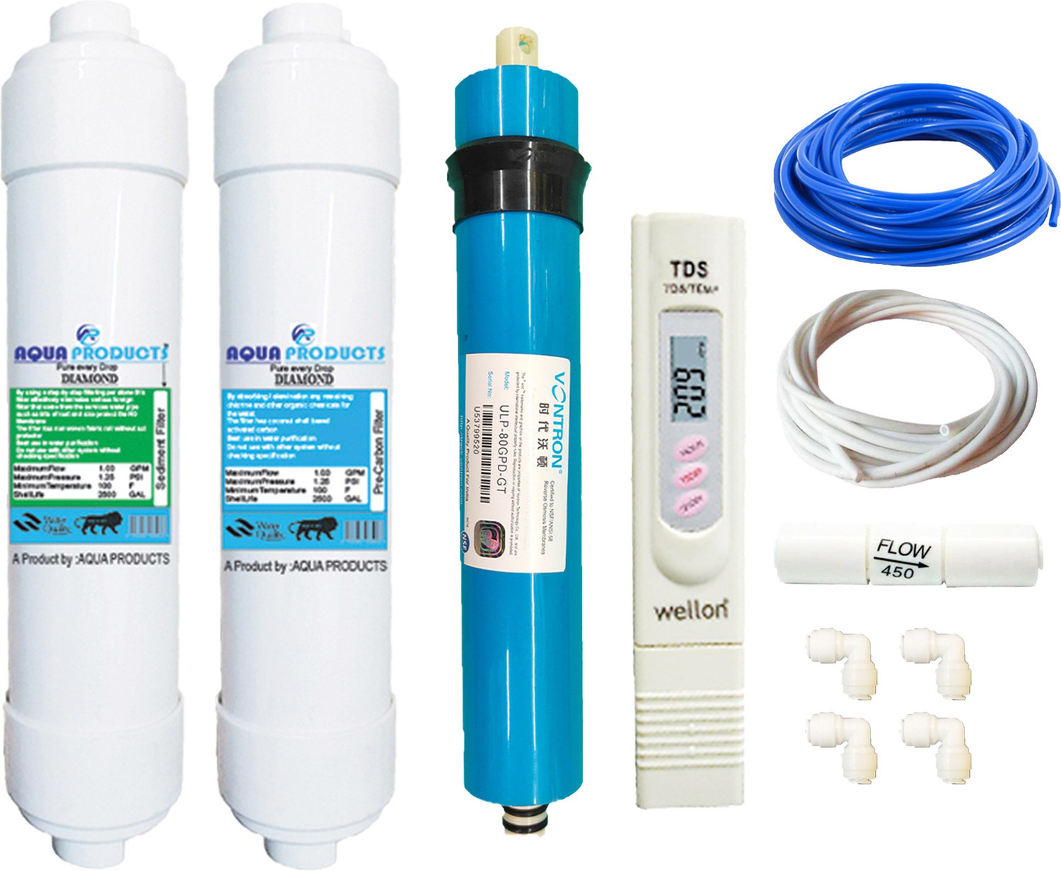 Image of AQUA PRODUCT Complete RO service kit (Sediment Filter,Carbon Filter,High TDS membrane,FR,Elbow connectors) with additional TDS meter suitable for all kind of Domestic RO water purifier Solid Filter Cartridge ( RO Service kit of membrane & filter for all types of ro models)(1 Year Full service kit)( Service Kit With 02 Inline)(replacement ro kit)( ro water filter kit) Solid Filter Cartridge