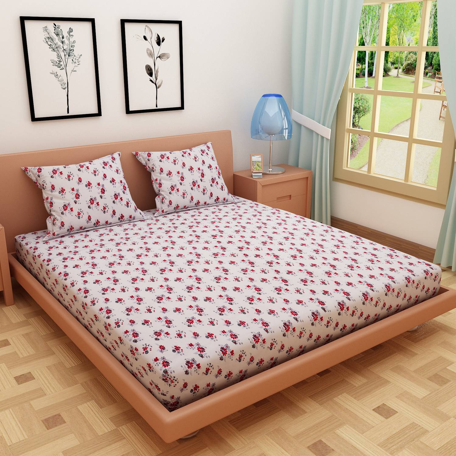Dream Care Cotton Double Flat 144 TC Printed 1 Bedsheet with 2 Pi