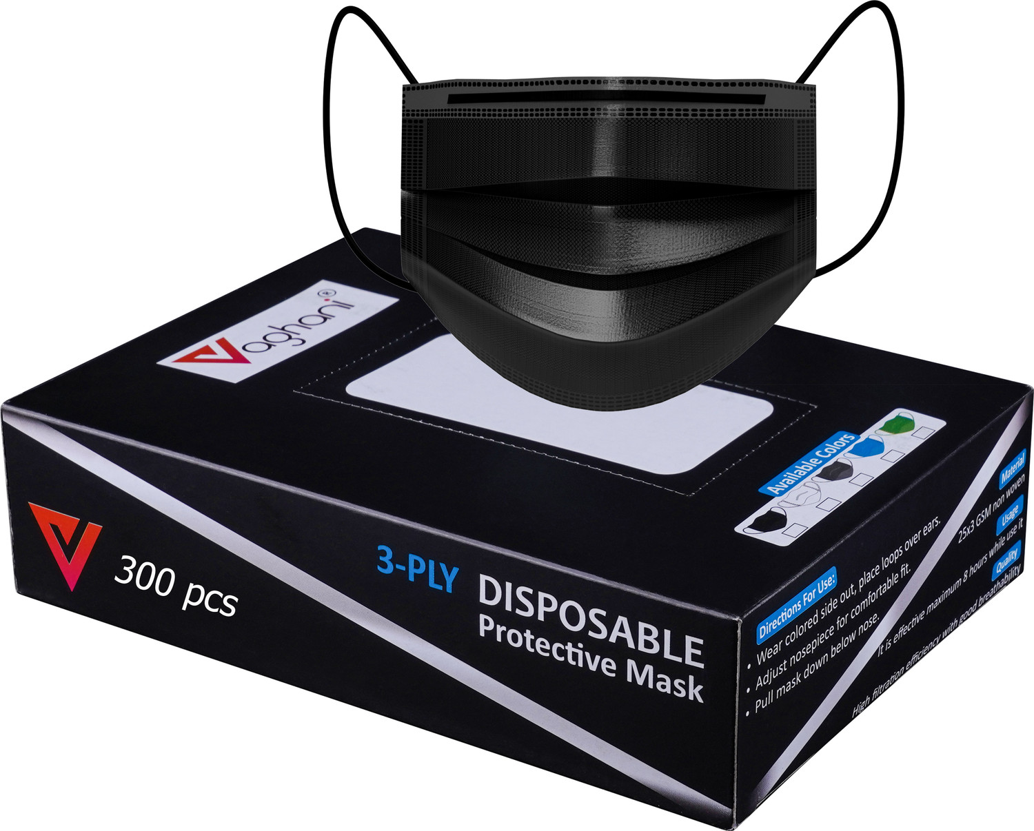 Image of Vaghani 3 Ply Surgical Mask 3 Ply Black Surgical Mask Non-Reusable Surgical Mask