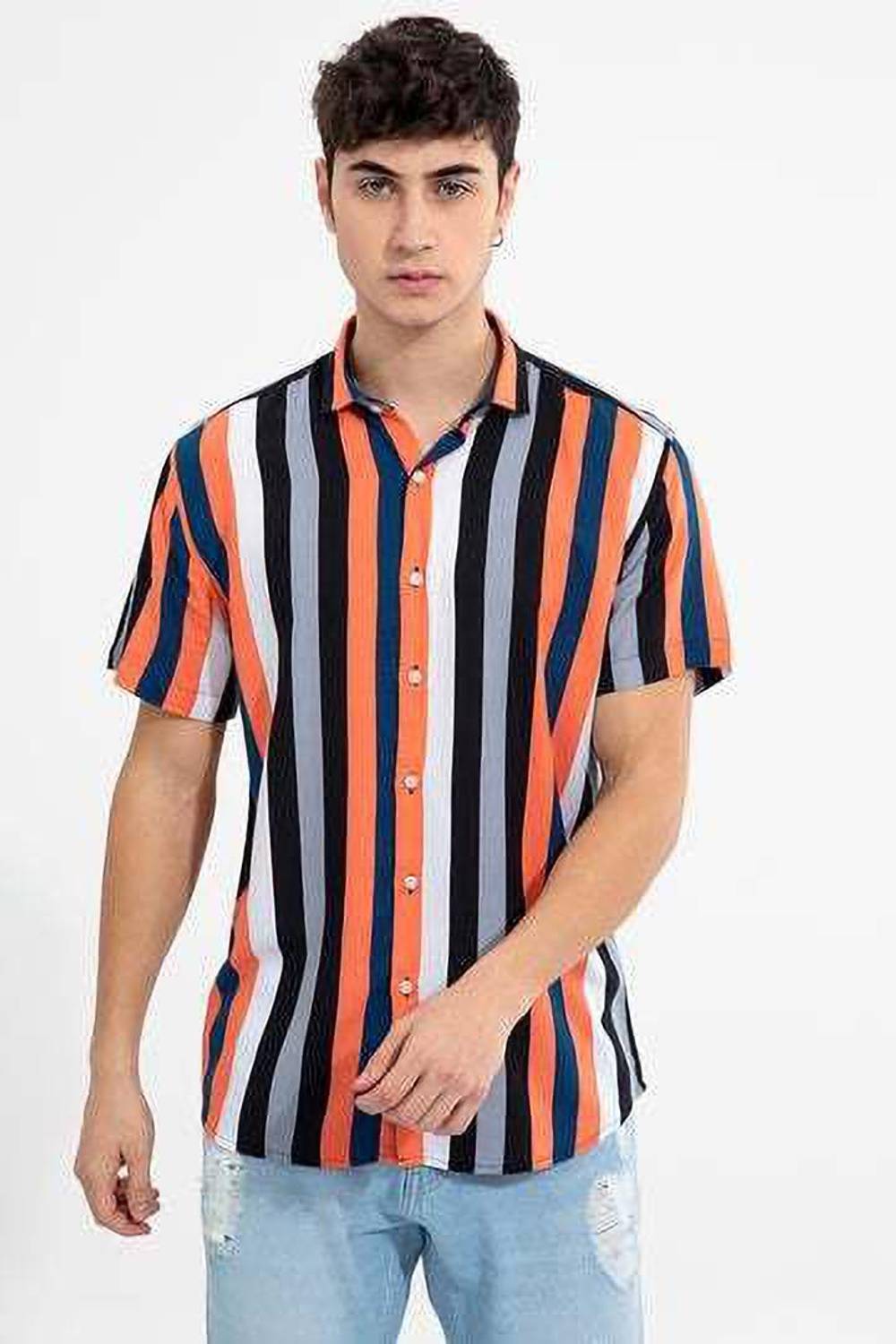bollydolldesigner Men Striped Casual Orange Shirt