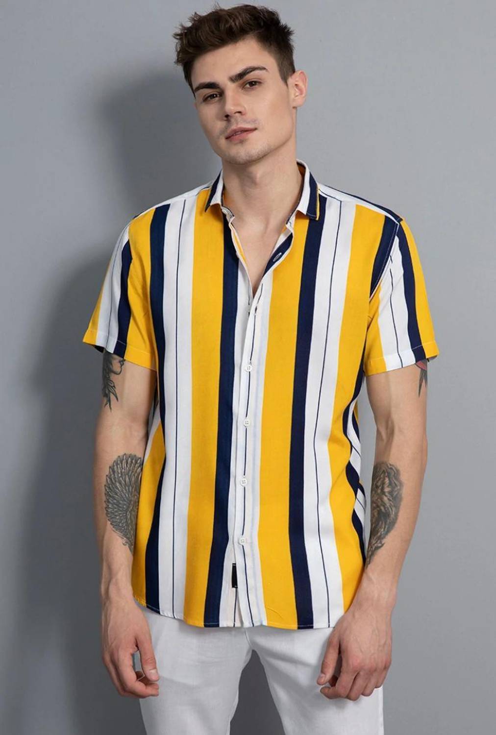 bollydolldesigner Men Striped Casual Yellow Shirt