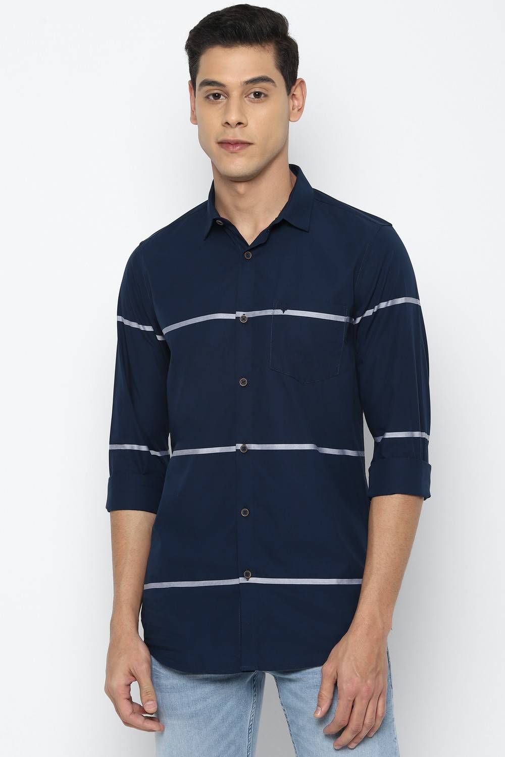 Allen Solly Men Striped Casual Dark Blue Shirt