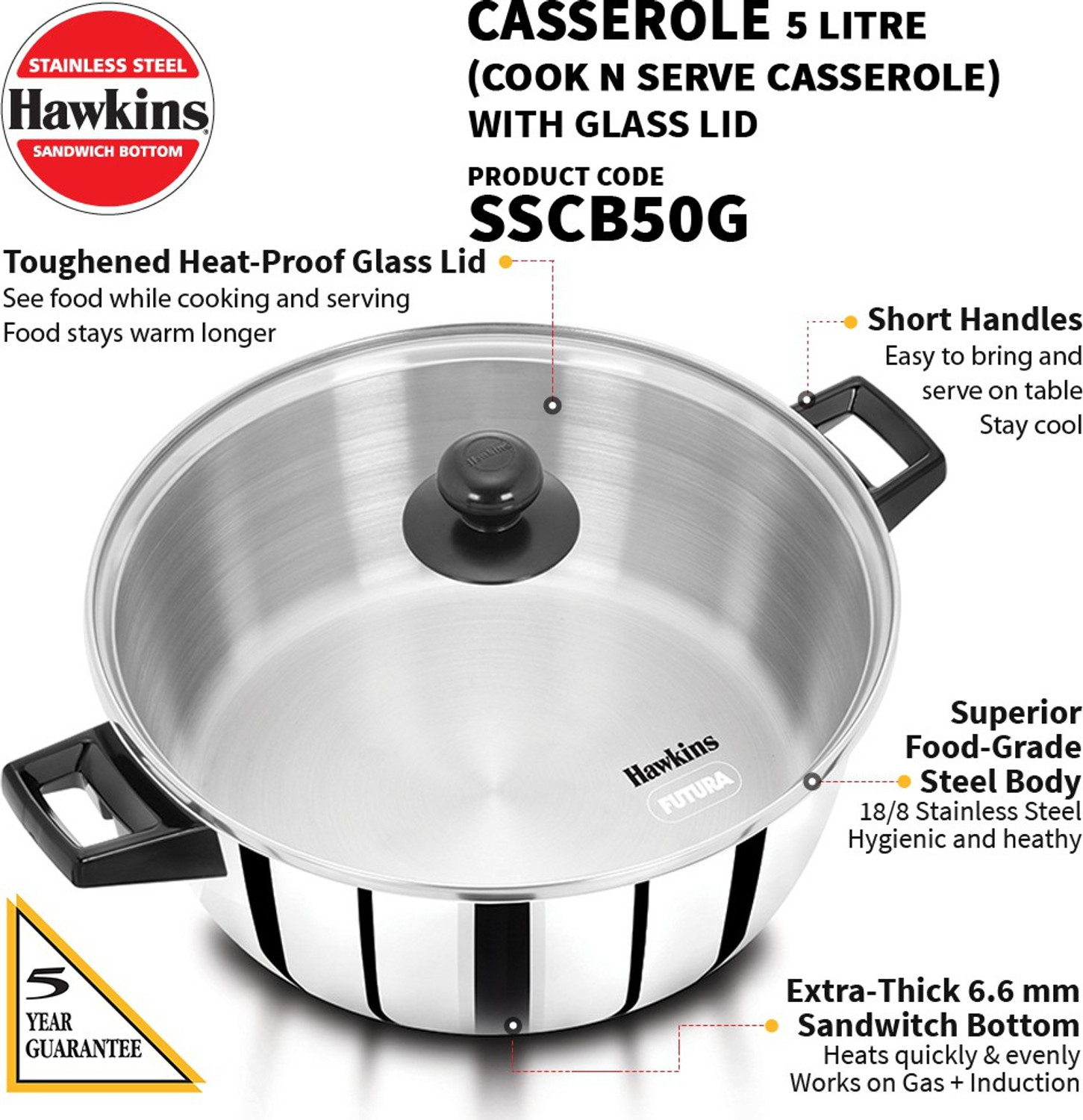 Image of Hawkins Stainless Steel Induction with Glass Lid (SSCB50G) Cook and Serve Casserole