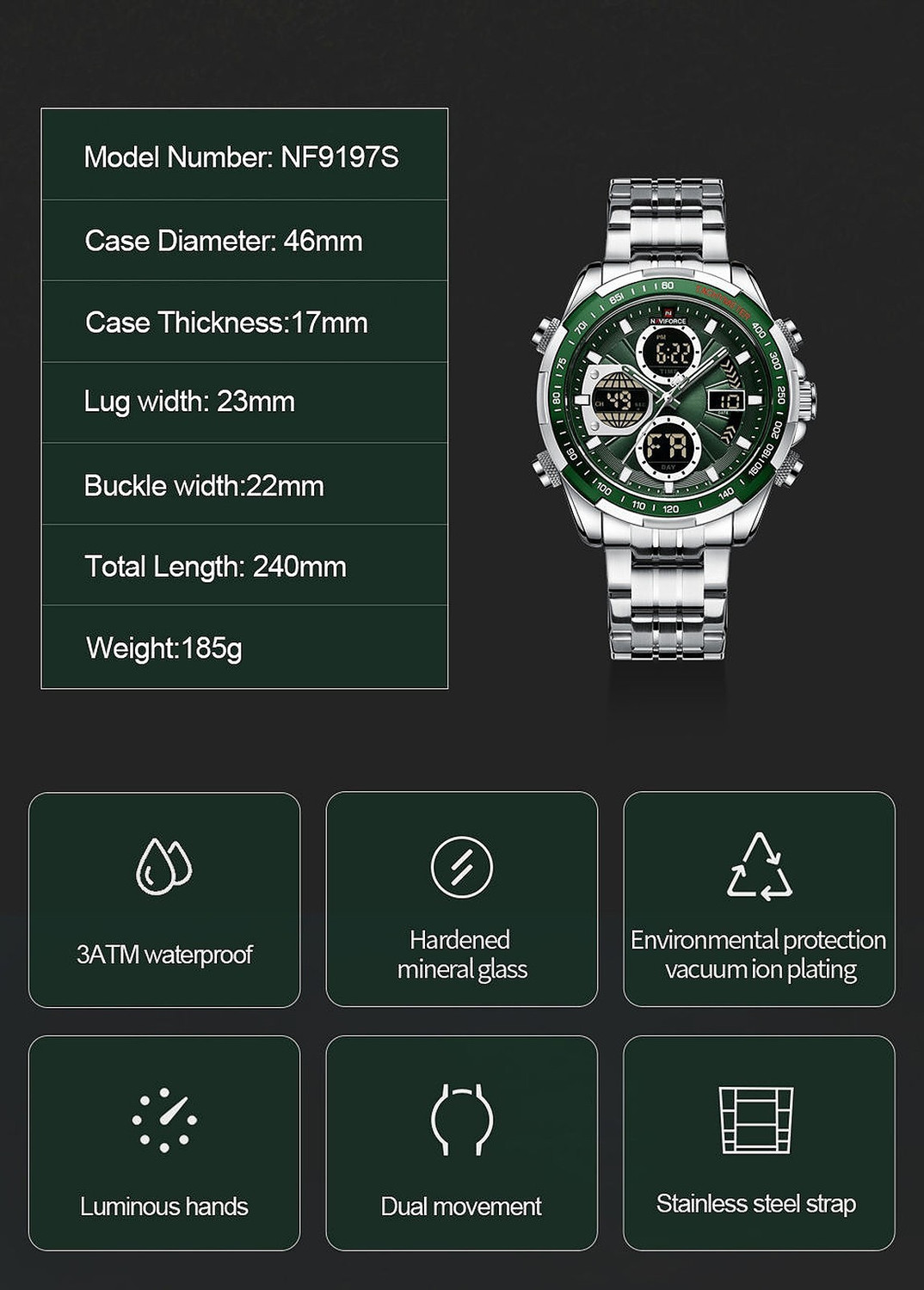Image of NAVIFORCE NF9197-GREEN Luxury Men's Fashion Sport Quartz Analog Digital LED Military Waterproof Wrist Analog-Digital Watch - For Men