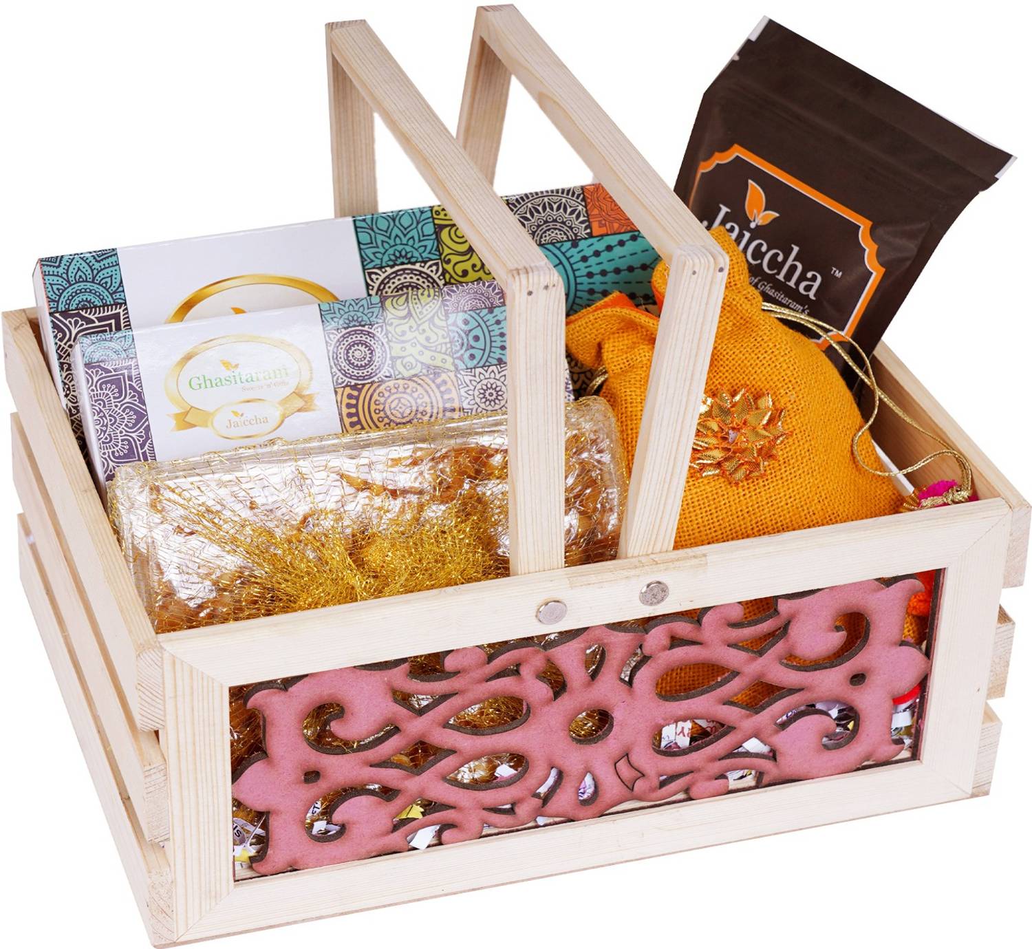 Ghasitaram Gifts Lohri Sweets Gachak Hampers Lohri Wooden Lazer Basket Combo