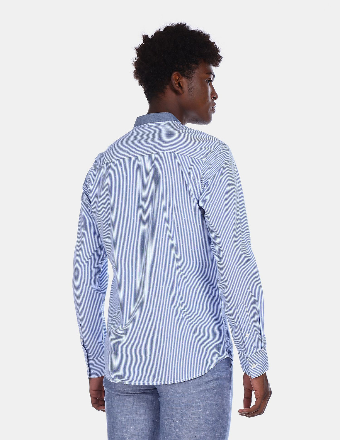 Image of FLYING MACHINE Men Striped Casual White, Blue Shirt