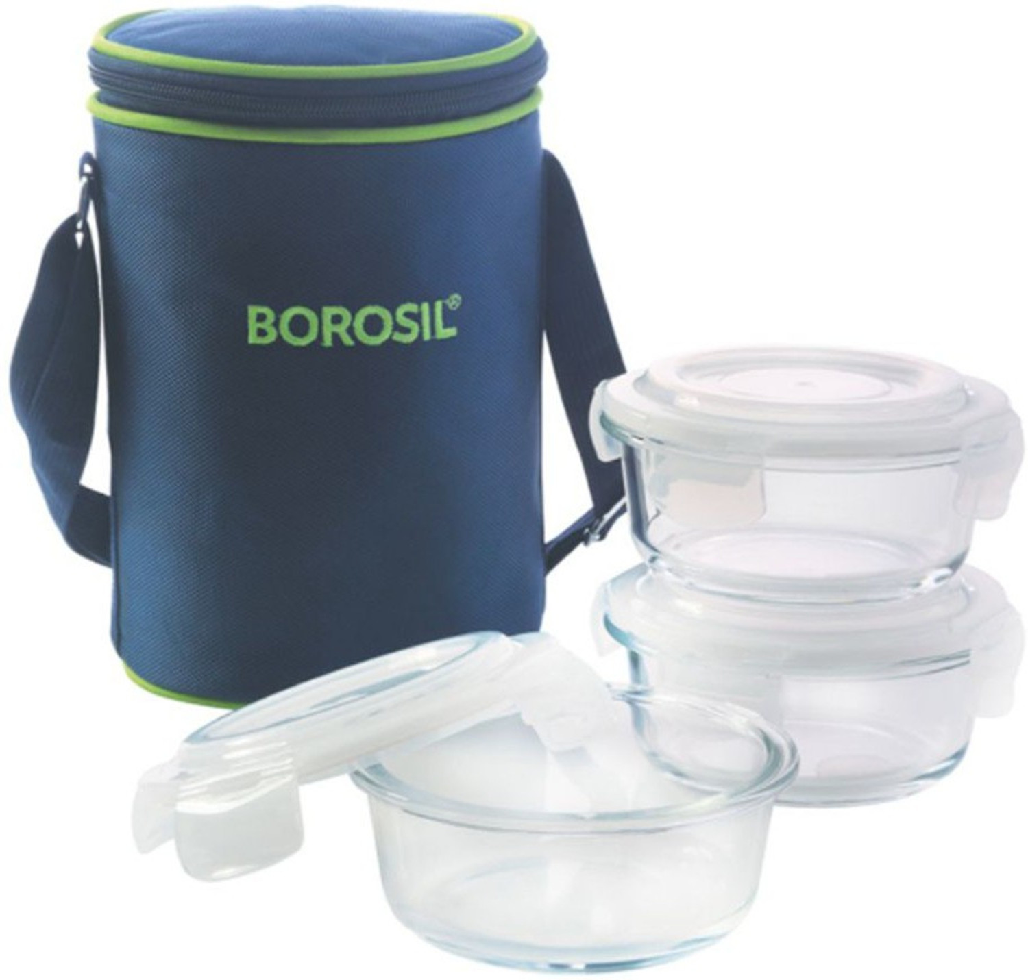 Image of BOROSIL Borosilicate Glass Microwavable Klip-N- Store Lunch Box, 3 Containers Glass Office Lunch Box