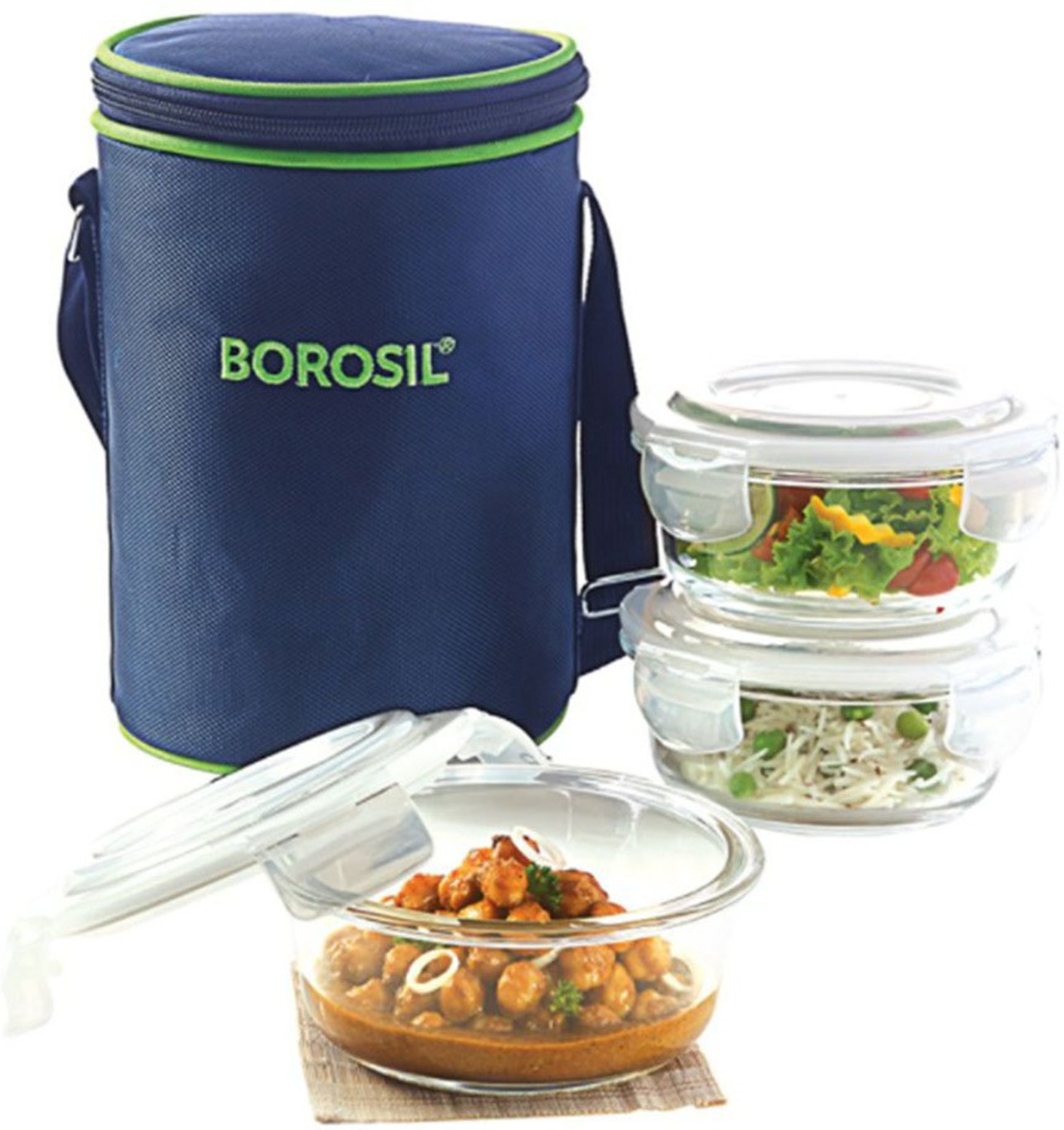 Image of BOROSIL Borosilicate Glass Microwavable Klip-N- Store Lunch Box, 3 Containers Glass Office Lunch Box