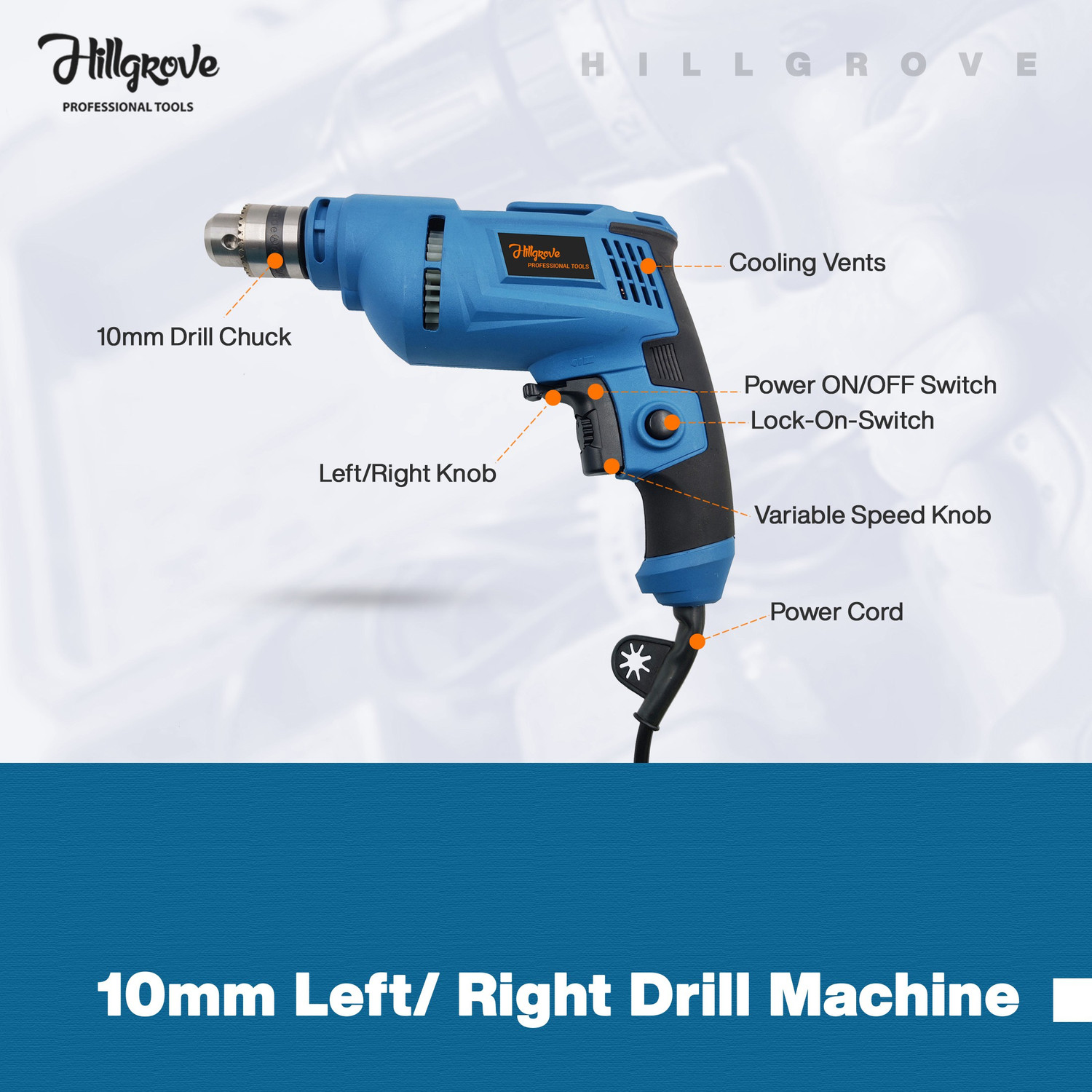 Image of Hillgrove HGPD2M2 All Purpose 500W Drill Machine with 5 Drill Bits for Making Holes in Metal /Wood /Concrete with Reverse Rotaion and Variable Speed Pistol Grip Drill (10 mm Chuck Size)