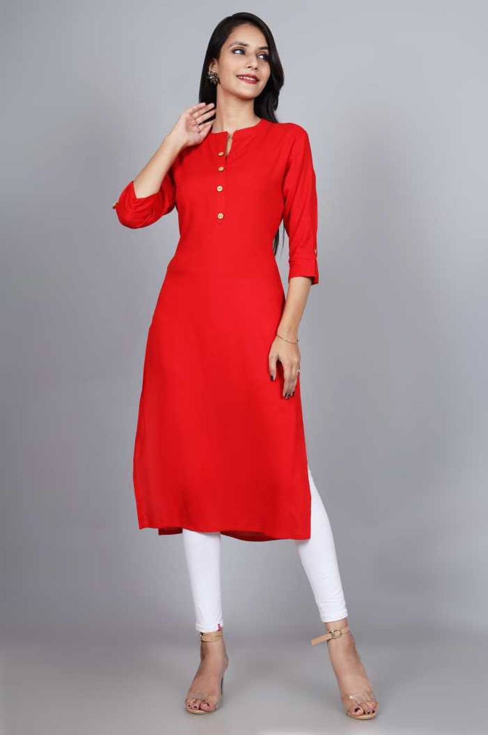 MOUYAL ART Women Solid Viscose Rayon Straight Kurta (Red)