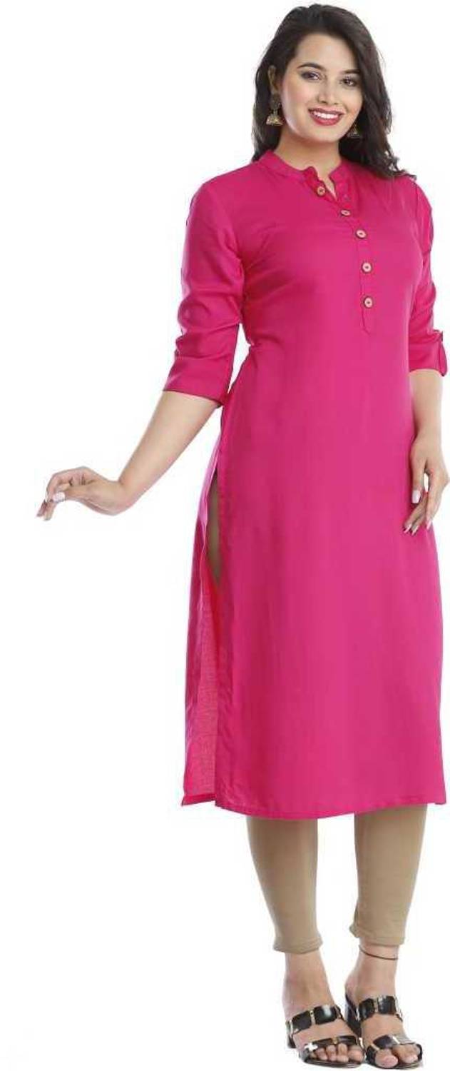 MOUYAL ART Women Solid Viscose Rayon Straight Kurta (Pink)
